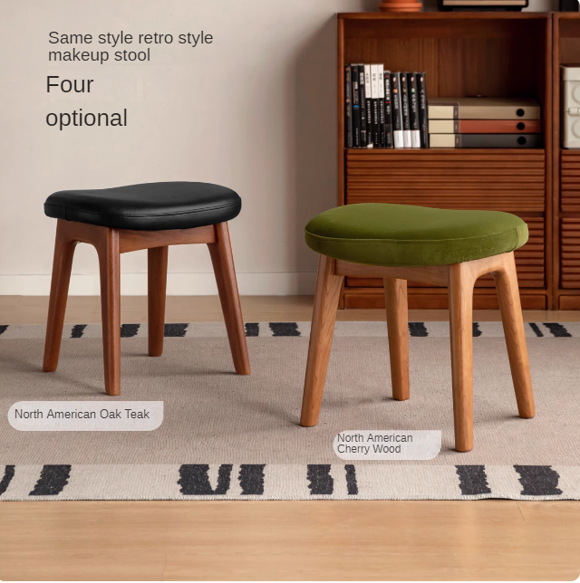 Solid Oak & Black Walnut Wood Makeup Stool - Durable Beauty Vanity Seat with Cushion for Bedroom, Dressing Room & Salon Use