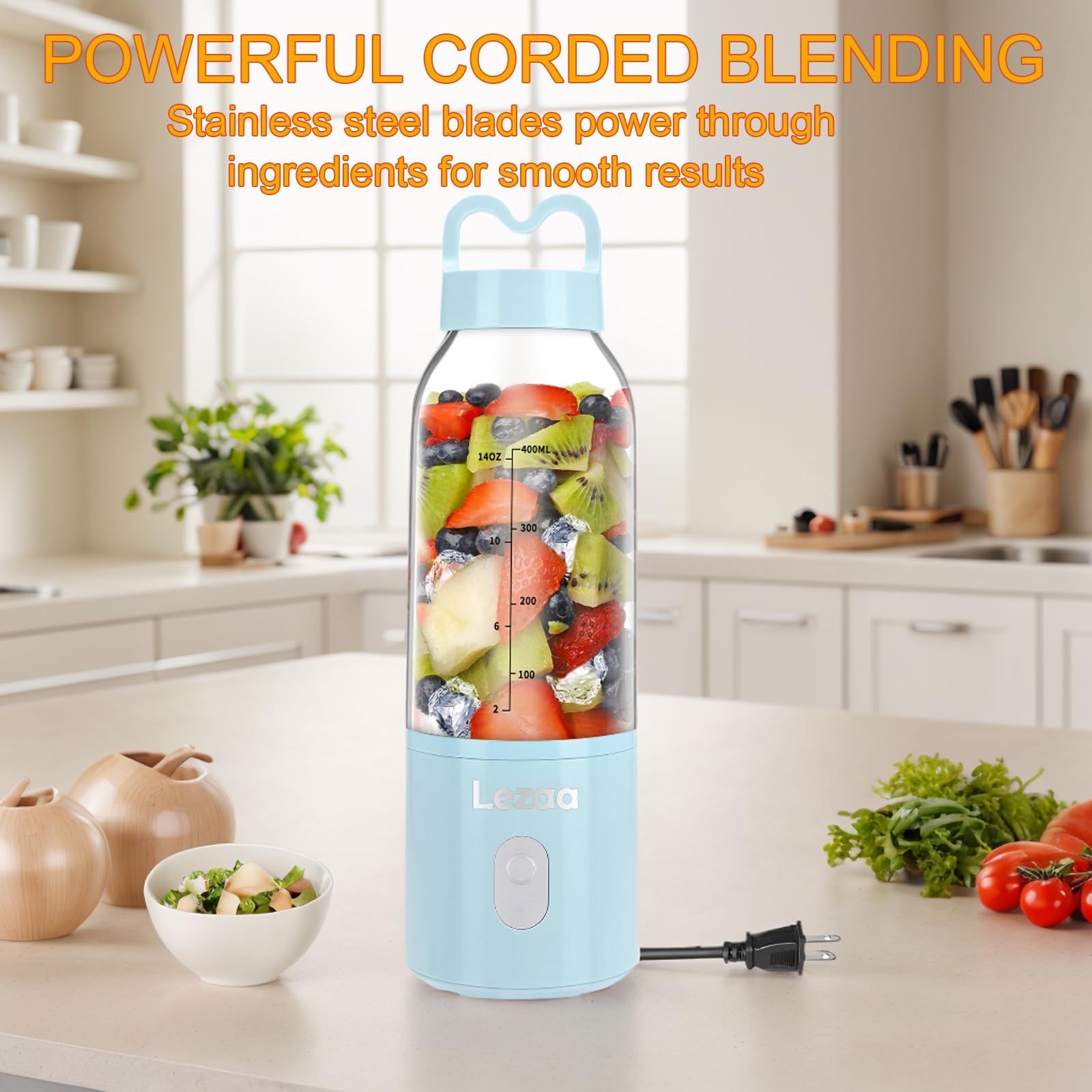 **Powerful 175W Personal Smoothie Blender with 6 Stainless Steel Blades & Funnel - Portable Blender for Shakes, Smoothies, Protein Drinks - Ideal for Home, Gym & Travel (Blue)**