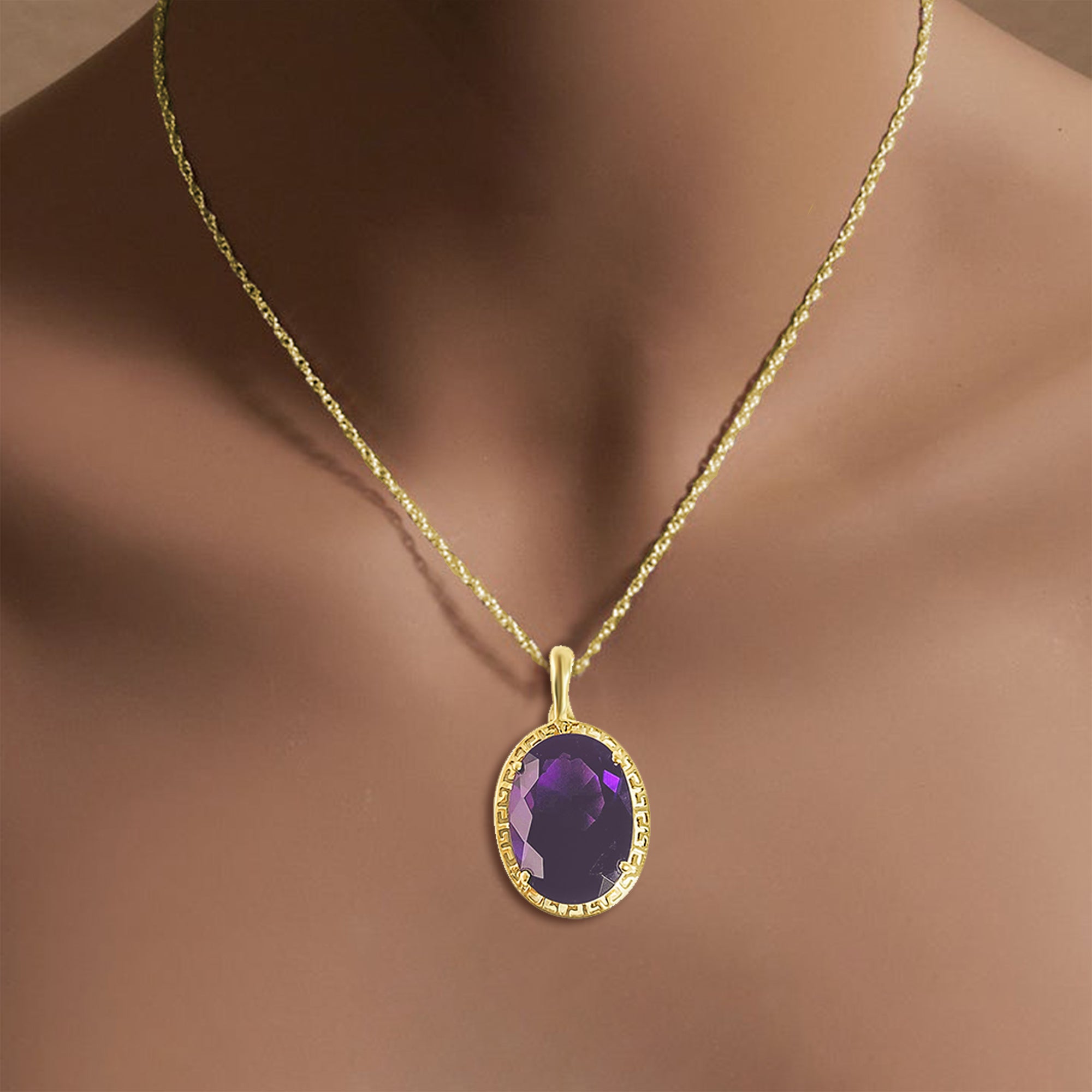 Large Oval Amethyst Necklace with Greek Key Bezel - Elegant Purple Gemstone Jewelry for Women - Perfect for Weddings, Parties & Special Occasions