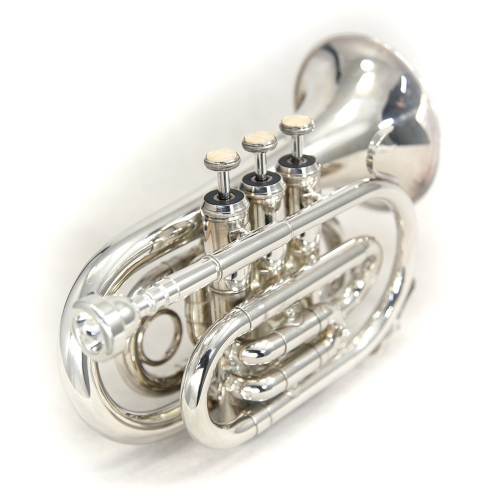 Sky Band Approved Nickel Plated Bb Pocket Trumpet with Case, Cleaning Cloth, Gloves & Valve Oil - Professional Compact Brass Instrument for Students & Travel | Perfect for Jazz, Marching Band & Practice Sessions