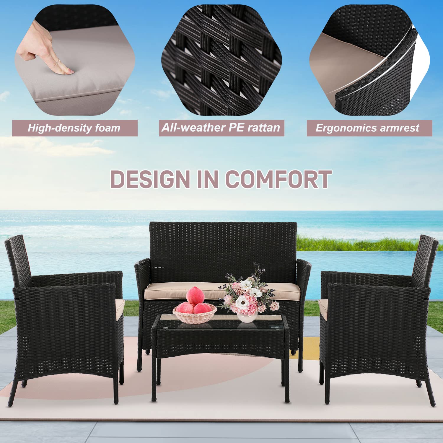 4-Piece Wicker Patio Furniture Set with Cushions - Outdoor Rattan Conversation Sofa & Table for Balcony, Backyard, Porch - Black Modern Patio Seating for Relaxing & Entertaining Guests