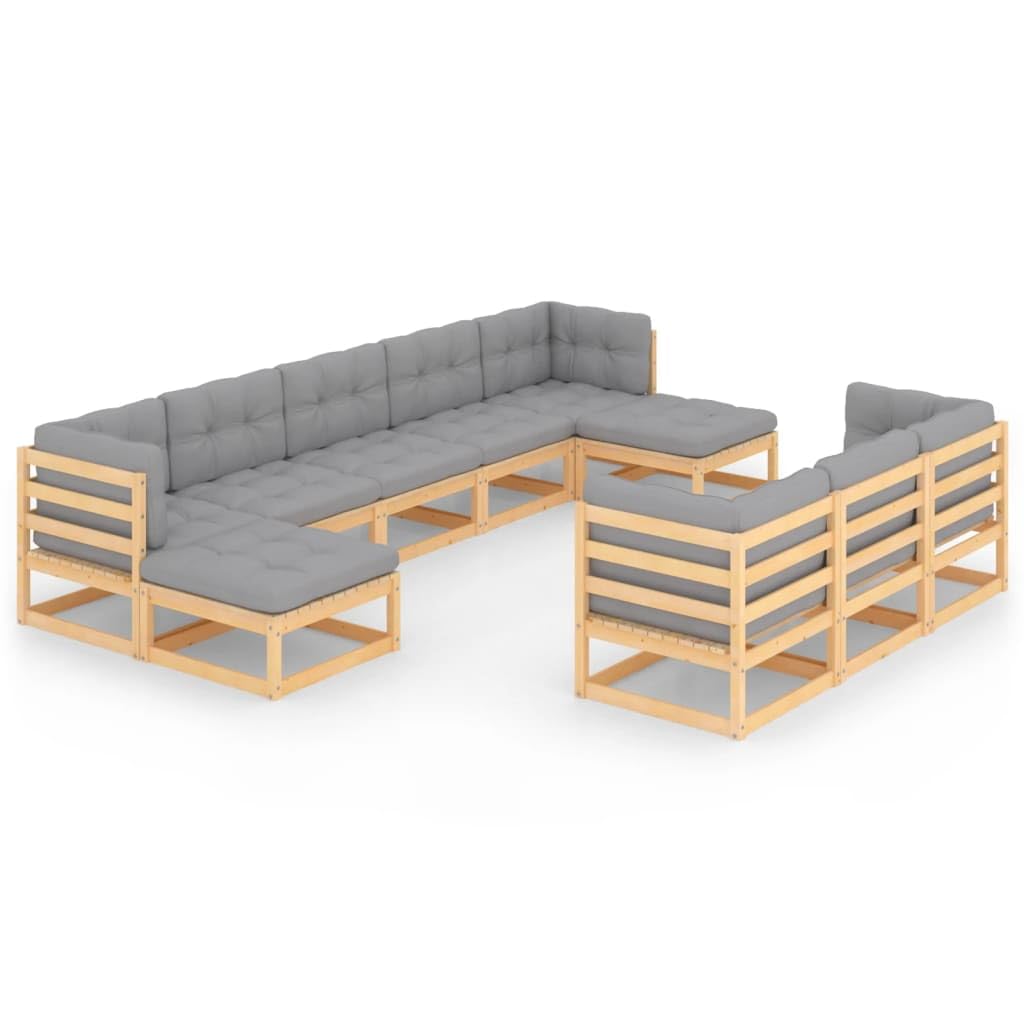 vidaXL Solid Pine Wood Patio Lounge Set with Gray Cushions - 4 Corner Sofas, 4 Middle Sofas & 2 Footstools - Sturdy Durable Outdoor Furniture for Garden, Backyard, Poolside Relaxation