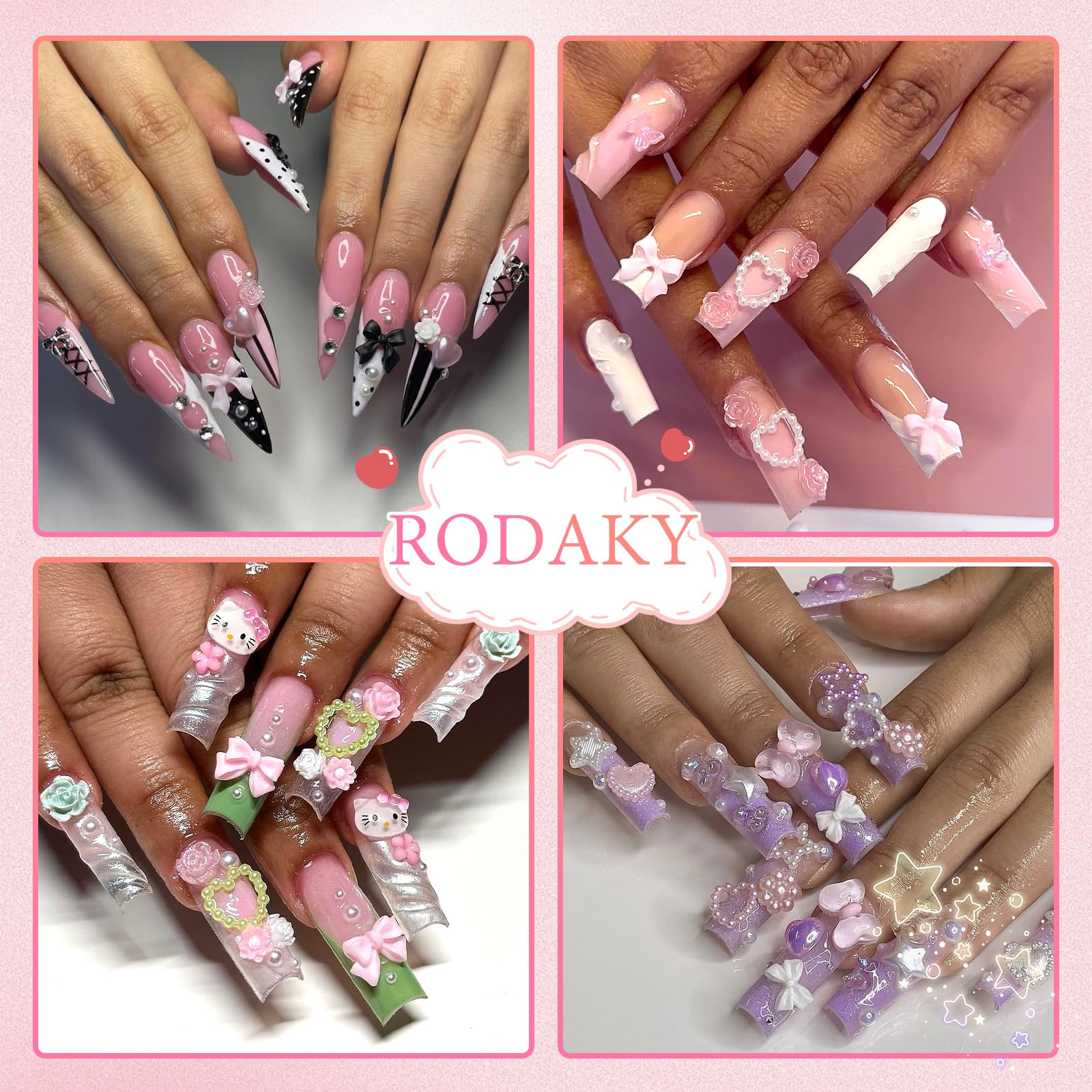 RODAKY 3D Bow Nail Charms with B7000 Glue - White Heart Pearls for Acrylic Nails & DIY Nail Art