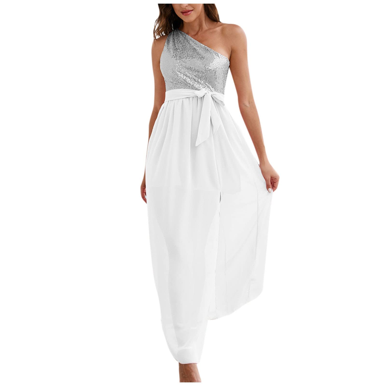 Elegant One Shoulder Sequin Belt Chiffon Long Dress for Wedding Guest & Summer 2022 | Sexy Solid Color Split Dress for Parties, Cocktails & Special Occasions
