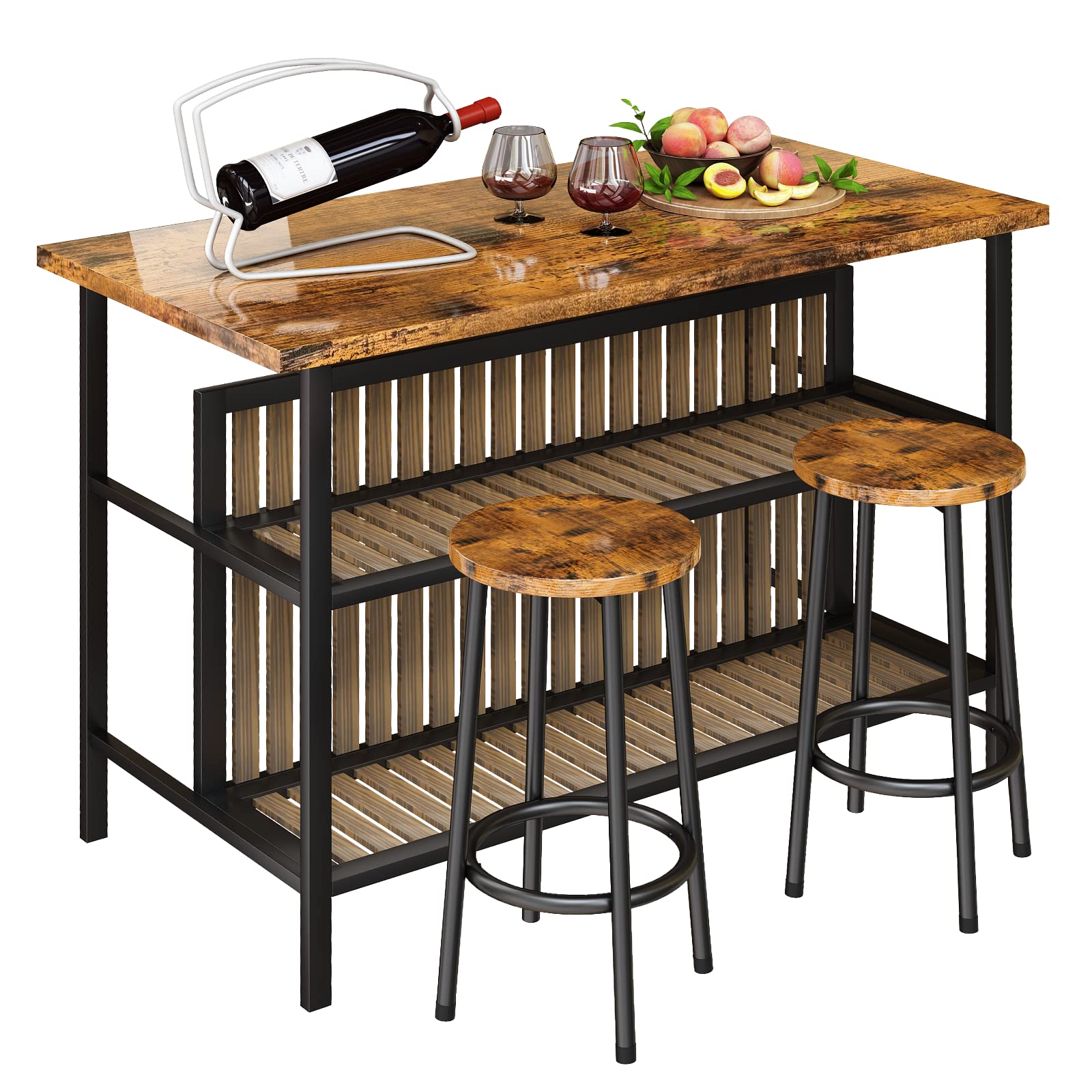 Modern Walnut Kitchen Island with Seating & Storage Shelf - Wooden Bar Table and Chairs Set for 2, Space-Saving Dining Table for Small Kitchens - Perfect for Breakfast Nooks, Entertaining Guests & Compact Living Spaces