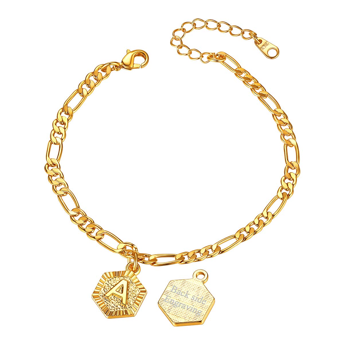 FOCALOOK Personalized Gold Initial Charm Anklet for Women - Yellow Gold Plated Dainty Figaro Chain Ankle Bracelet | Summer Beach Jewelry, Gift for Her, Name Initials Foot Chain