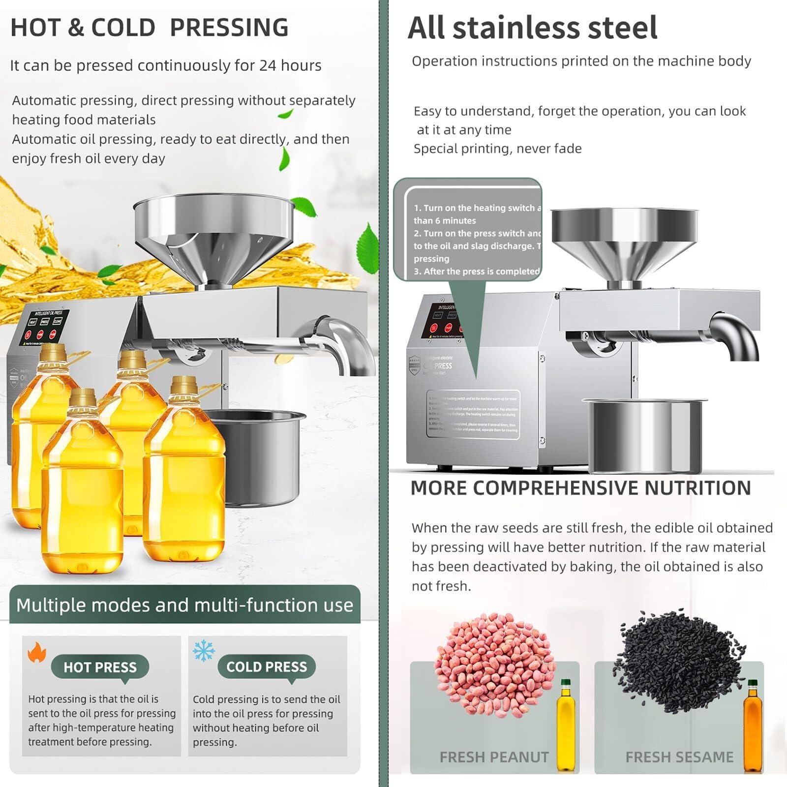 1000W Commercial Stainless Steel Cold Press Oil Machine - Automatic Electric Seed Oil Extractor for Home Use | Perfect for Olive, Coconut, Almond, Peanut & Sunflower Seeds | Kitchen, Bakery & DIY Oil Pressing
