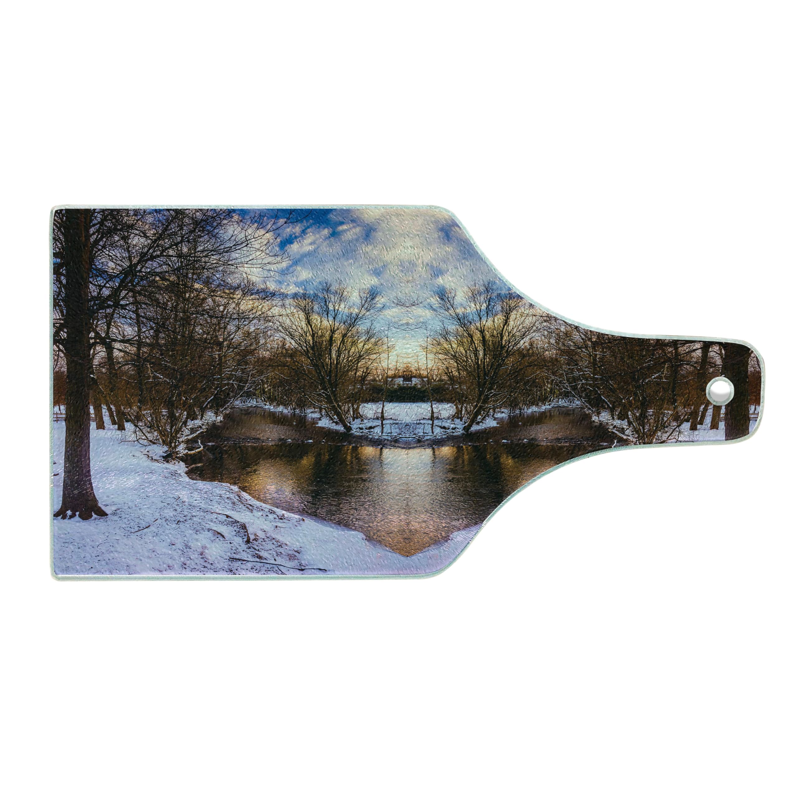 Ambesonne Heart-Shaped Tempered Glass Cutting Board - Winter Park Landscape with Snowy Trees, Lake & Sunset - Decorative Serving Board for Cheese, Charcuterie & Wine - Perfect for Holiday Entertaining & Kitchen Decor