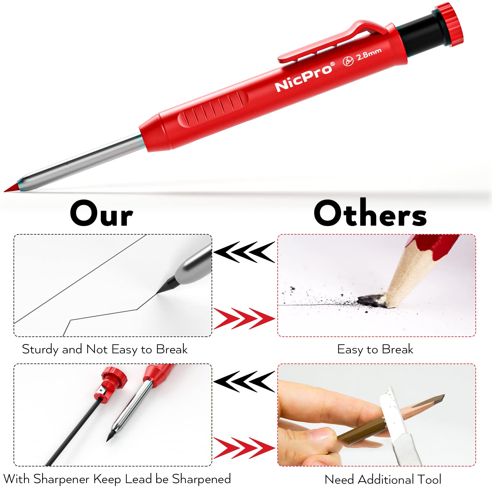 Nicpro 3-Pack Heavy Duty Mechanical Carpenter Pencils with Sharpener & 39 Refills - Woodworking, Construction & Architect Pencils (Red, Black, Yellow) with Protective Case - Perfect for DIY Projects, Building Plans & Professional Drafting