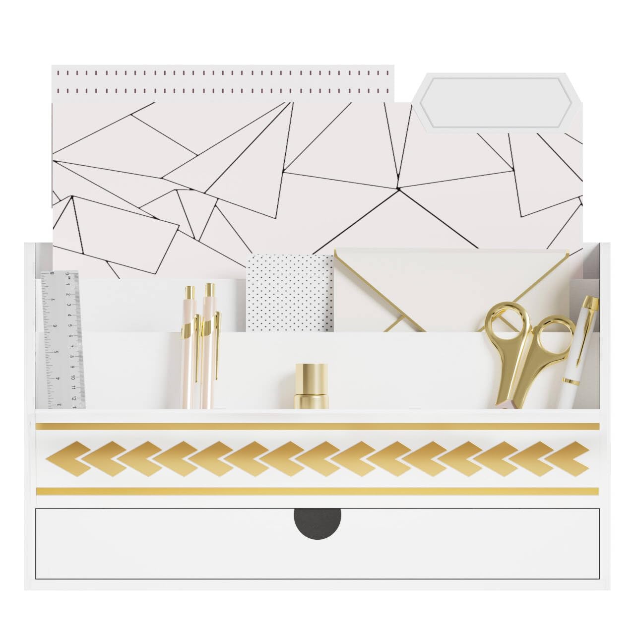 Bamboo Desk Organizer - Wooden Mail Holder & Countertop Storage Box with Drawer for Pens, Letters & Office Supplies | Perfect for School, Home & Office Organization (White)