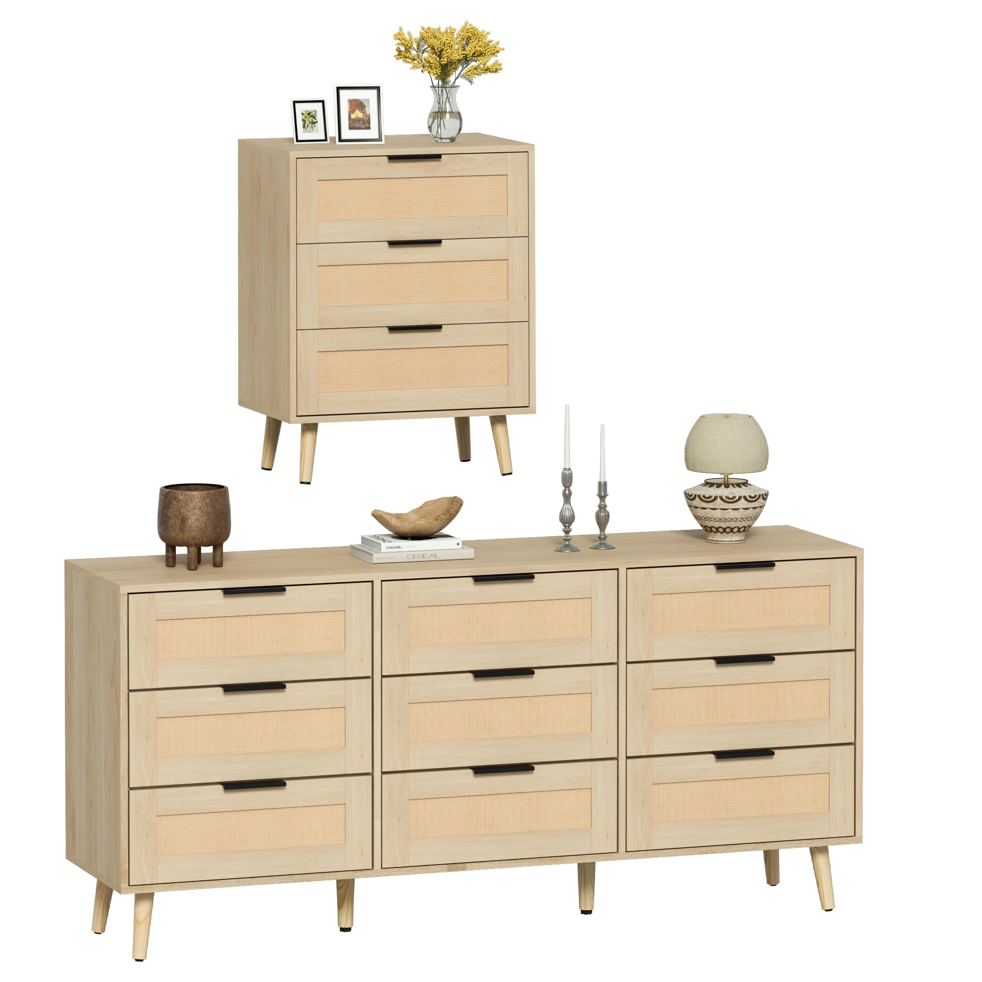 Natural Rattan Dresser Set - 3 Drawer & 9 Drawer Bedroom Storage Combo (2-Piece) | Vintage Boho Furniture for Bedroom, Living Room & Nursery Organization