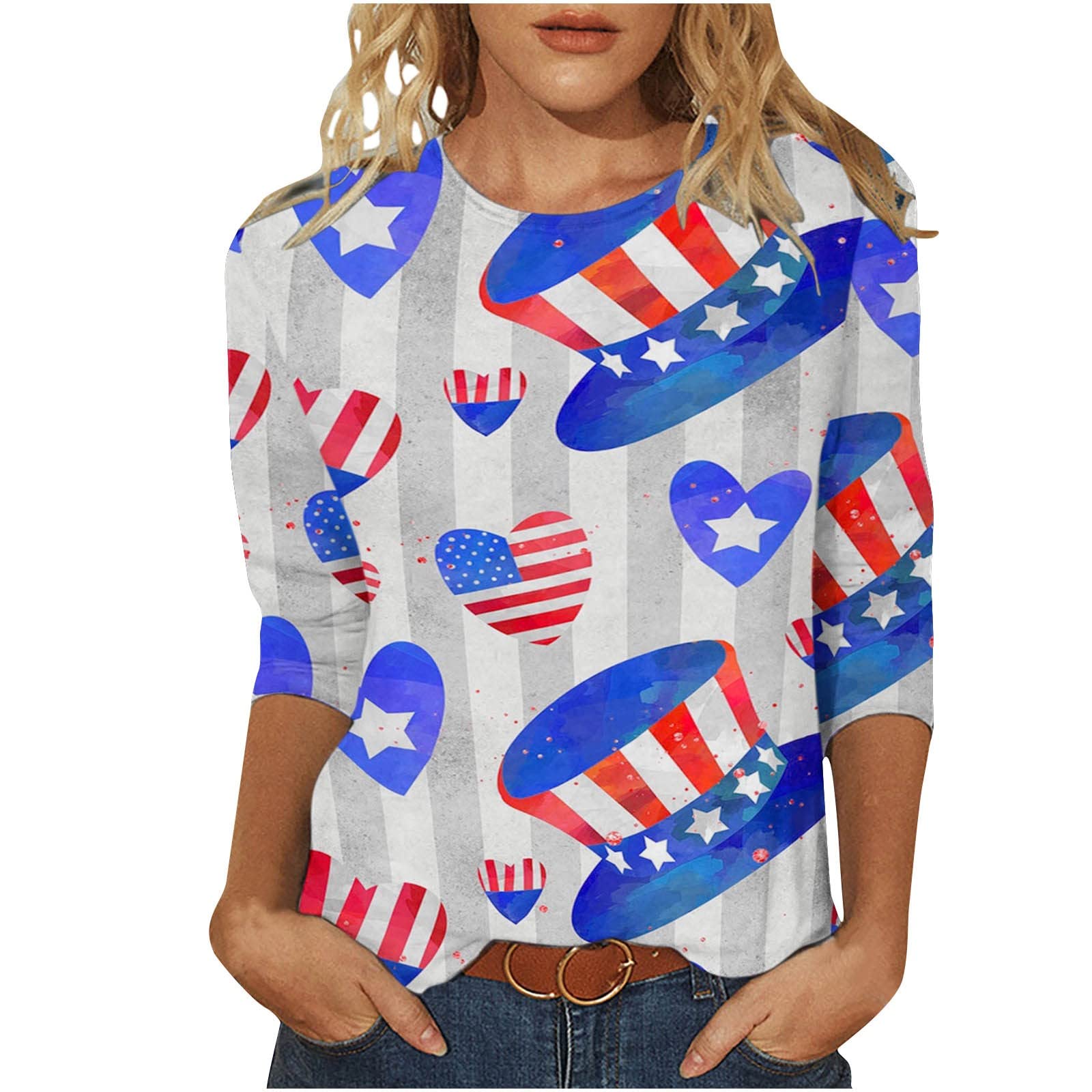 Symoid Patriotic Shirts for Women - American Flag Star Stripe Print Blouse, 3/4 Sleeve Crewneck T-Shirt | Independence Day, Memorial Day, 4th of July Outfit | Casual Summer Top for BBQ, Parties & Festive Celebrations