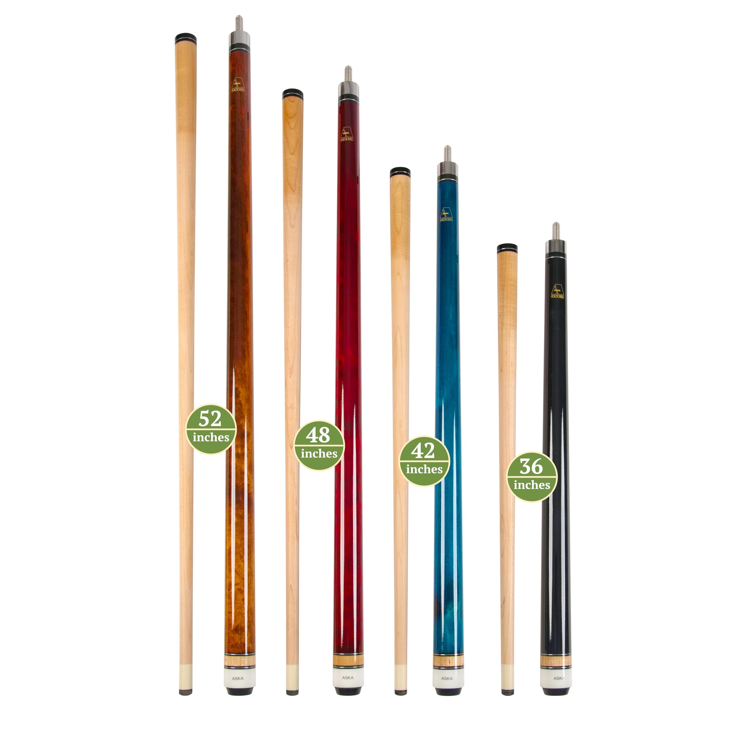 Premium Set of Aska Mixed Length Pool Cues - Canadian Hard Rock Maple Billiard Sticks for Adults & Kids - Perfect for Home Game Rooms, Bars, and Family Entertainment