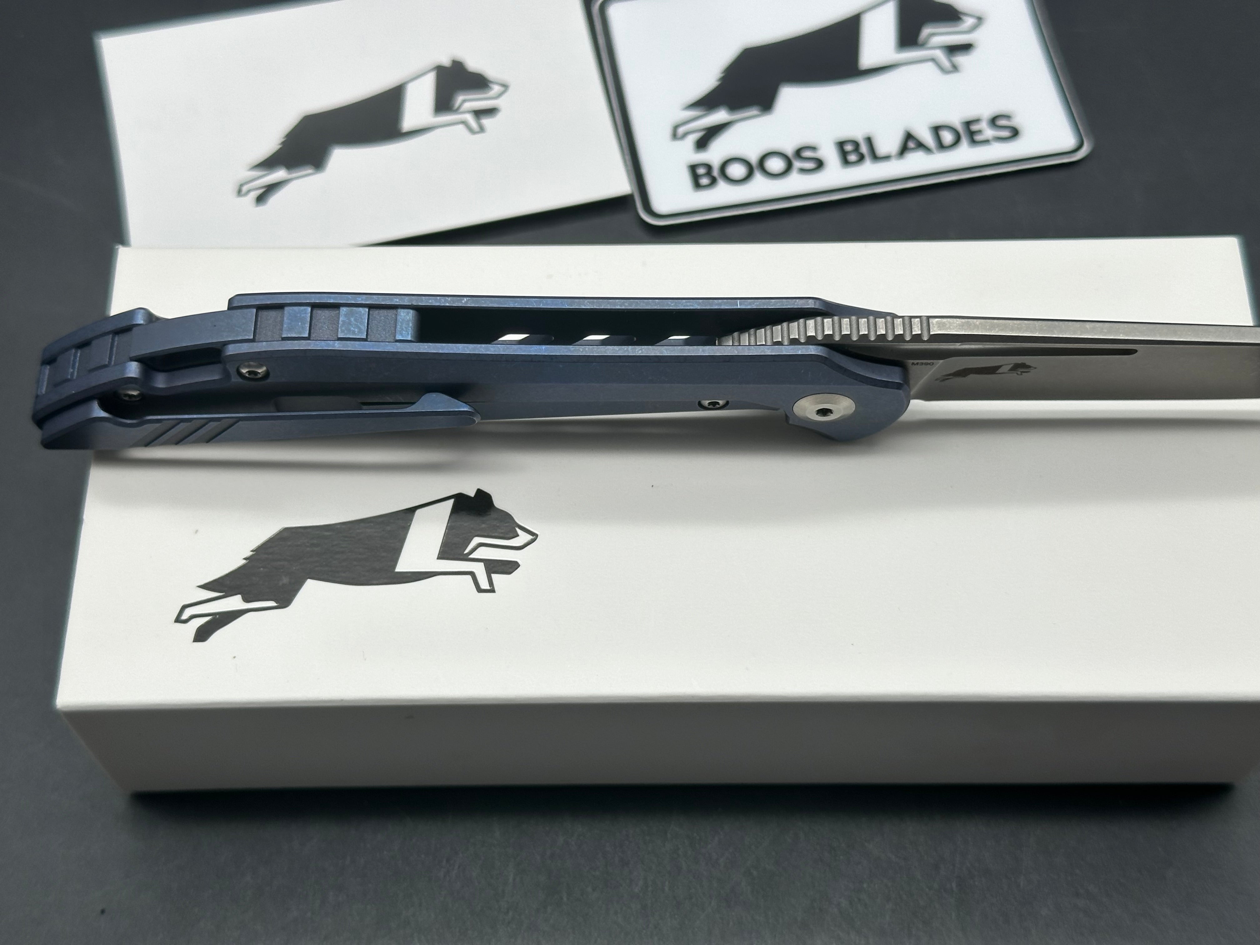 Boos Blades Smoke TM1 Folding Knife - M390 Stonewashed Blade, Arctic Blue Titanium Scales - EDC Pocket Knife for Outdoor, Camping & Everyday Carry