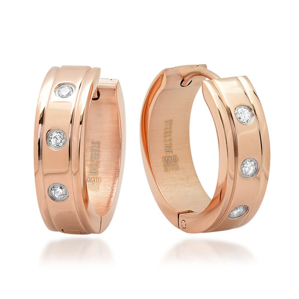 Gem Stone King Stainless Steel Rose Gold Round Huggie Hoop Earrings with 3 Stones (20mm Diameter) - Perfect for Everyday Wear, Date Nights & Special Occasions