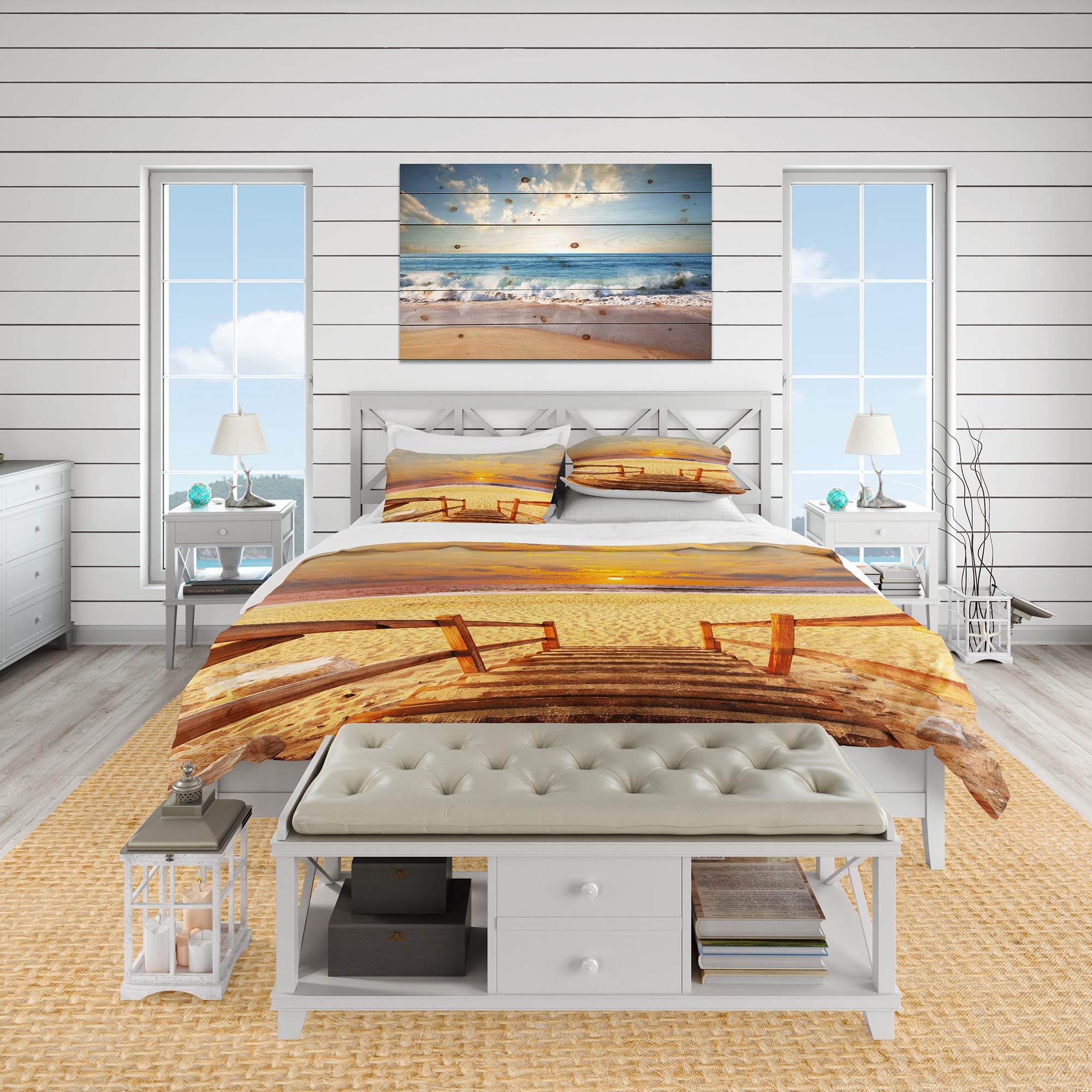 Brown Wooden Boardwalk Beach Duvet Cover Set - King Size Coastal Bedding, 3-Piece Nautical Theme All-Season Comforter Set for Beach House & Coastal Decor