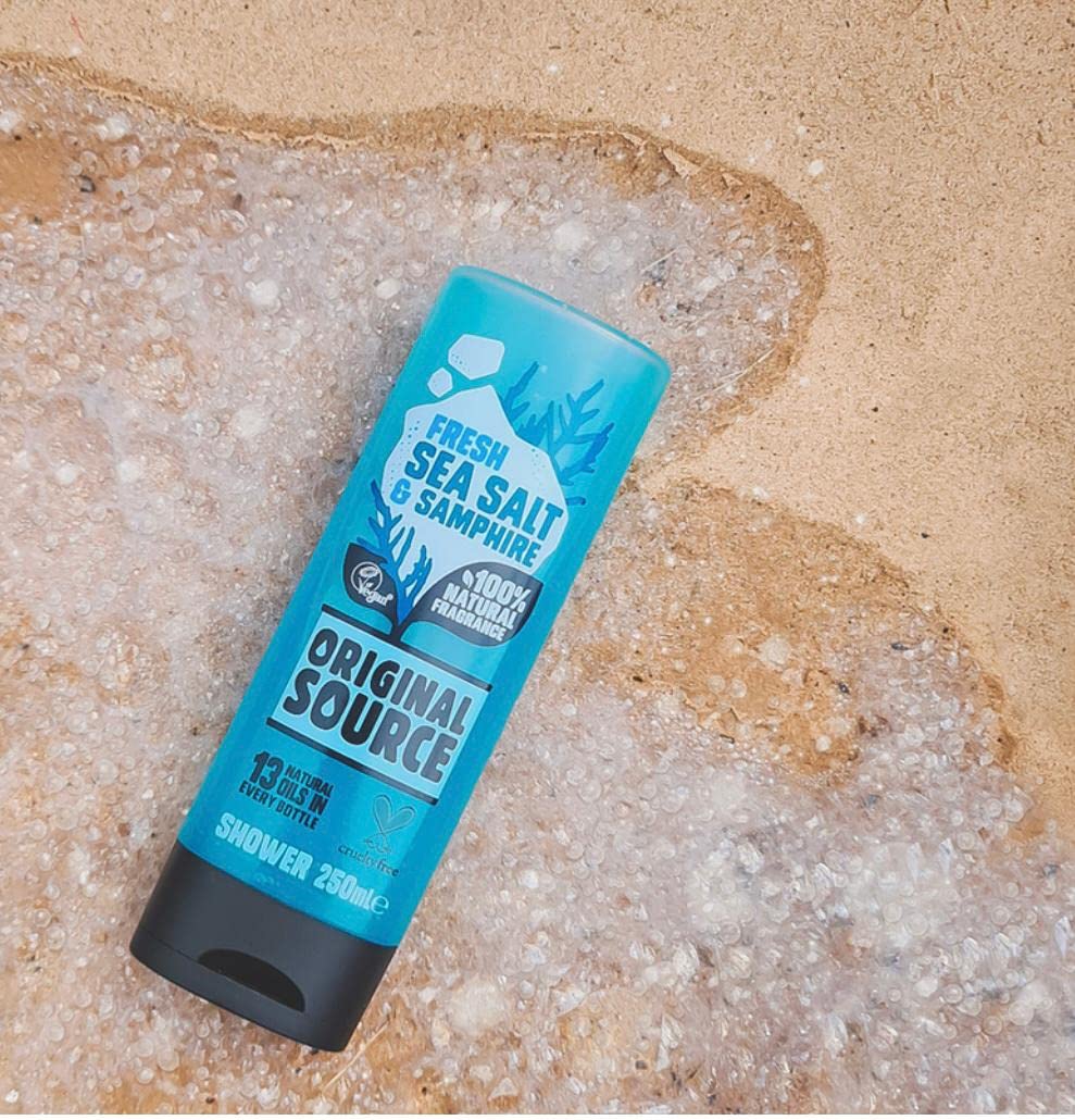 Original Source Shower Gel Set - 4 x 250ml with Fresh Sea Salt & Samphire, Zingy Lime, Sweet Rhubarb & Raspberry, Laid-Back Lavender & Tea Tree Fragrances - Natural Body Wash Combo Pack for Relaxing Bath & Refreshing Shower Experience