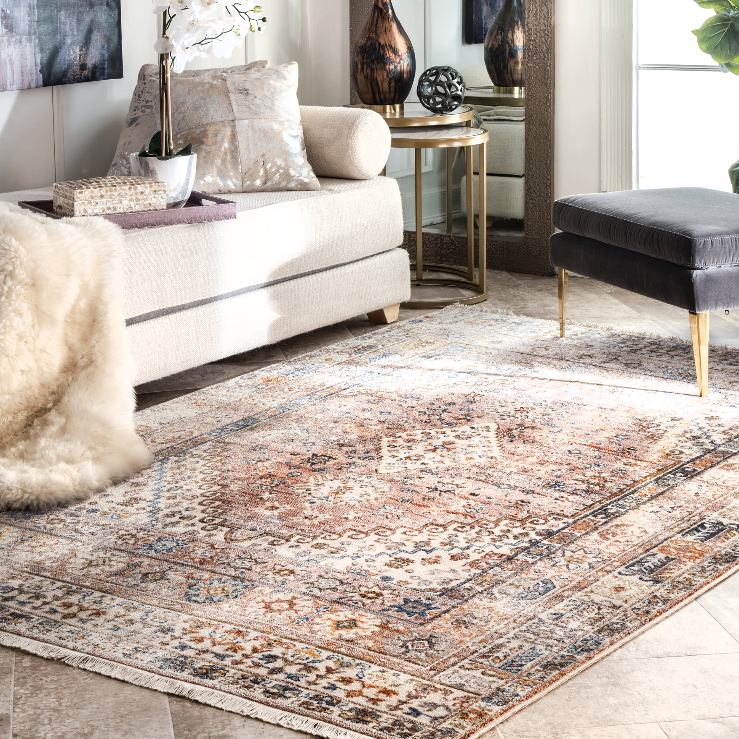 Distressed Medallion Area Rug in Khaki - Vintage Boho Chic Home Decor for Living Room, Bedroom & Office