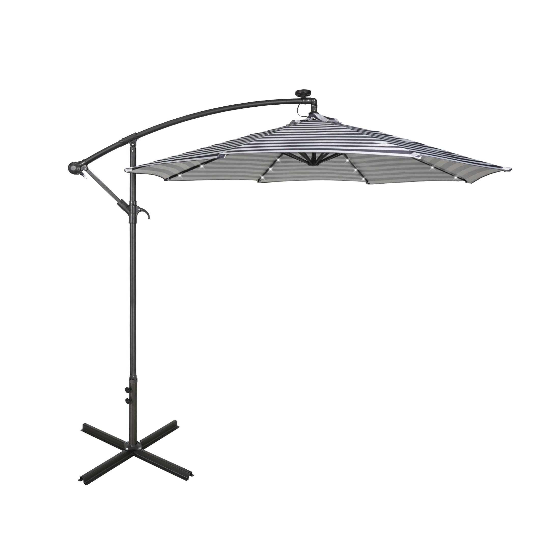 WO Home Furniture 10ft Cantilever Patio LED Umbrella Set with Stand - 2 Pack, Gray White Stripe - Perfect for Outdoor Dining, Poolside Lounging & Backyard Relaxation