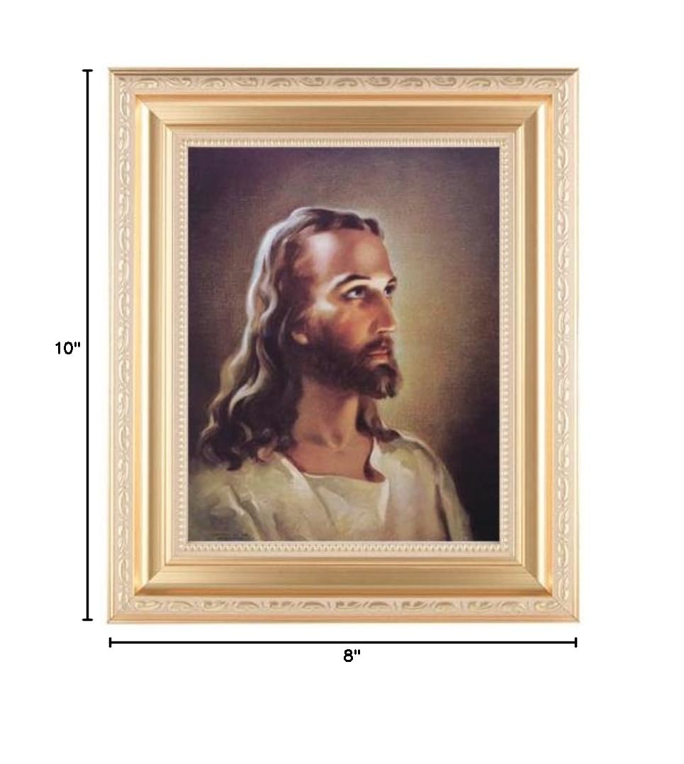 Head of Christ Framed Wall Art - Large Religious Home Decor with Satin Gold Fluted Frame, Distressed Finish & Detailed Scrollwork - Perfect for Church, Prayer Room or Christian Gift