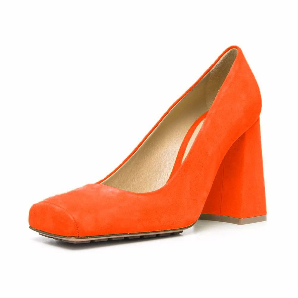 Women's Vegan Suede Chunky High Heel Pumps - Square Toe Comfortable Dress Shoes for Party, Wedding & Office Wear
