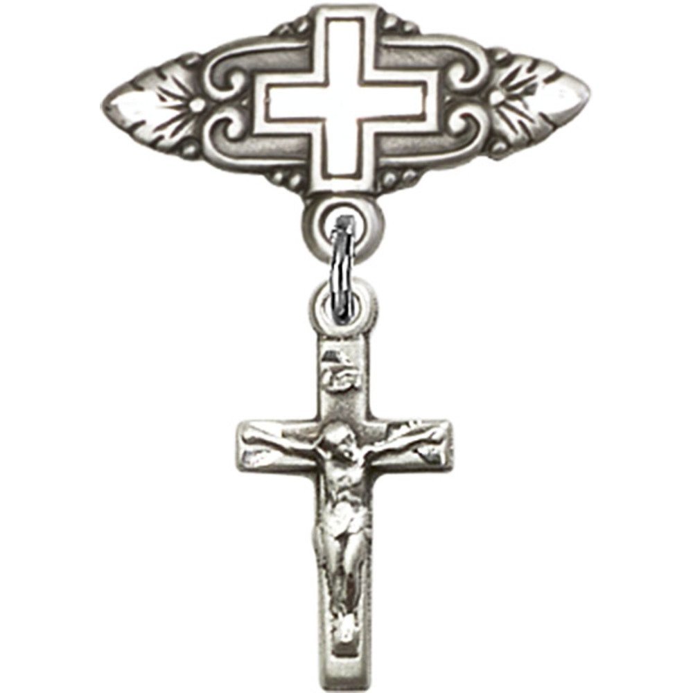 1 X 3/4 Inch Sterling Silver Baby Badge with Crucifix Charm - Religious Jewelry Pin for Christening, Baptism & First Communion Gifts