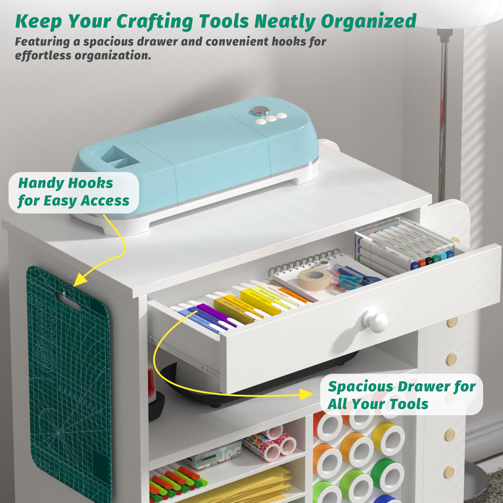 Cricut Compatible Craft Storage Cart with Vinyl Roll Holder & Drawers - Rolling Craft Organization Cabinet & Workstation for DIY Projects, Scrapbooking & Home Craft Room Organization