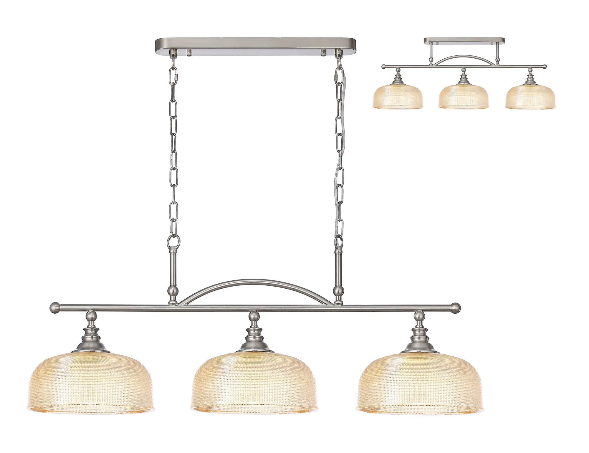 Cleron Semi Flush Mount Ceiling Light - Adjustable 2/3 Light Kitchen Lighting Fixture with E27 Socket in Satin Nickel, Polished Nickel & Antique Brass Finish - Prismatic Glass Shade for Dining Room, Bedroom or Hallway Lighting