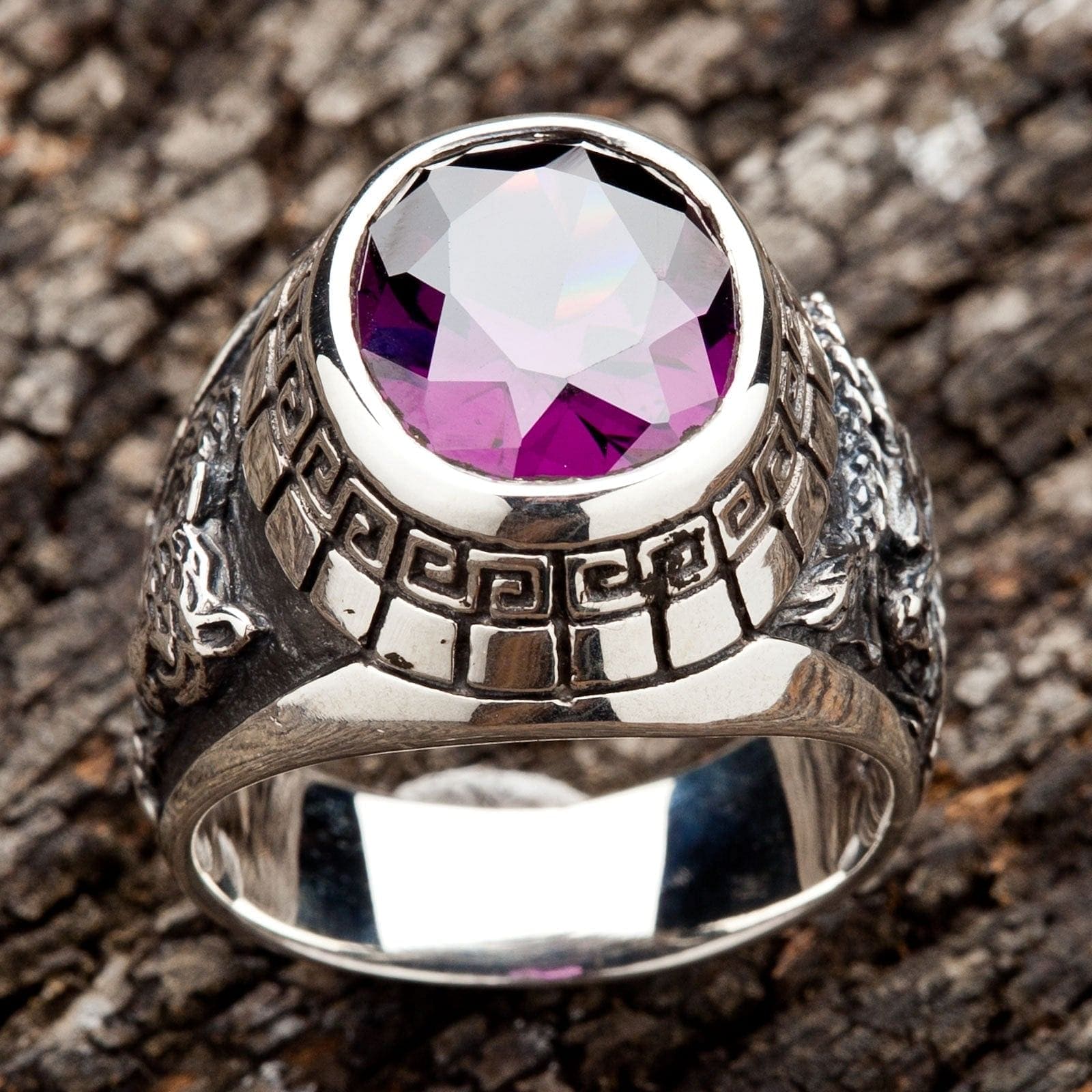 Purple Amethyst Japanese Tiger Dragon Men's Ring - Handcrafted Sterling Silver Statement Jewelry for Gifts, Fashion & Spiritual Protection