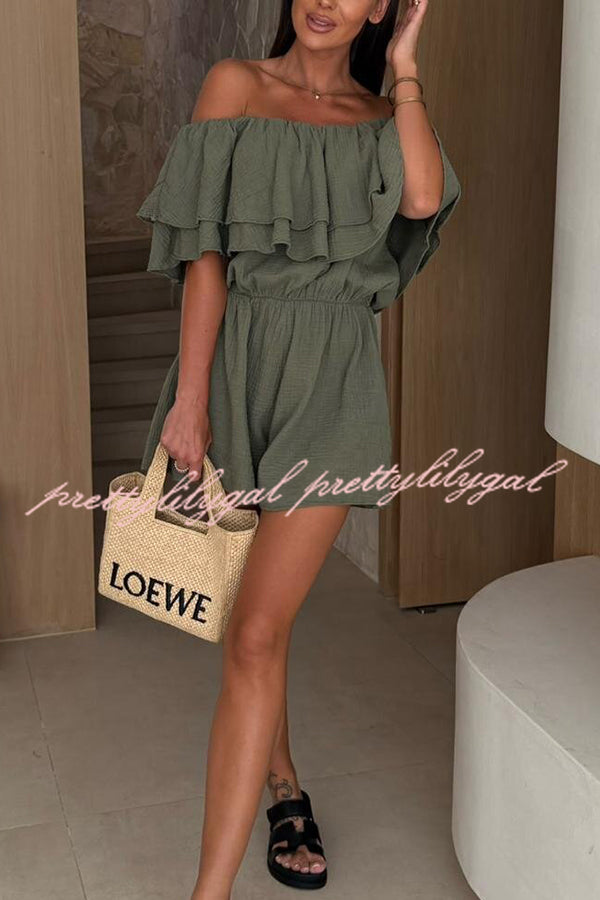 Solid Color Off Shoulder Ruffled Casual Waist Rompers for Women - Summer Beach Party Outfit & Vacation Jumpsuit