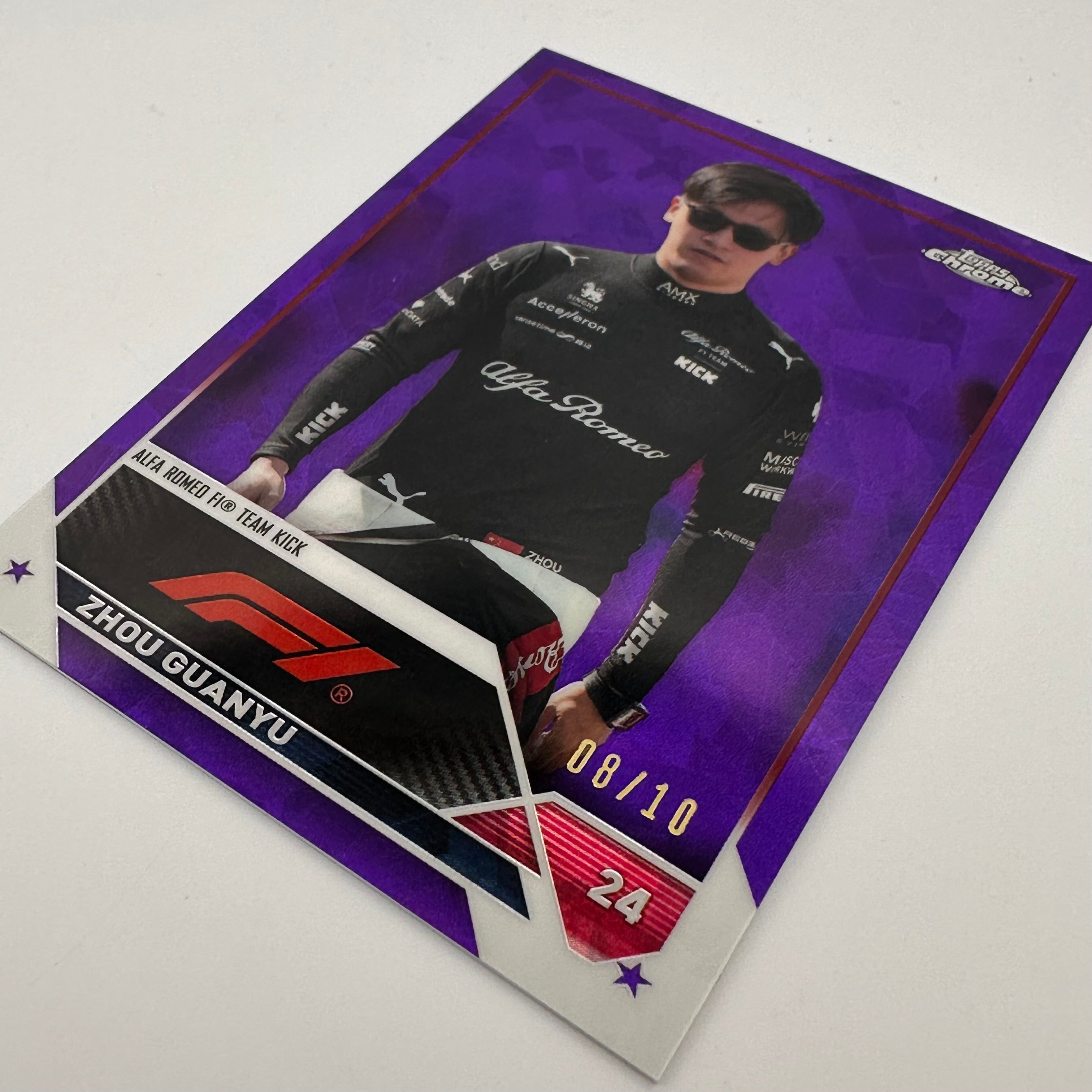 2023 Topps Chrome Sapphire Zhou Guanyu #59 Purple 8/10 - Rare F1 Racing Driver Trading Card for Collectors & Sports Fans