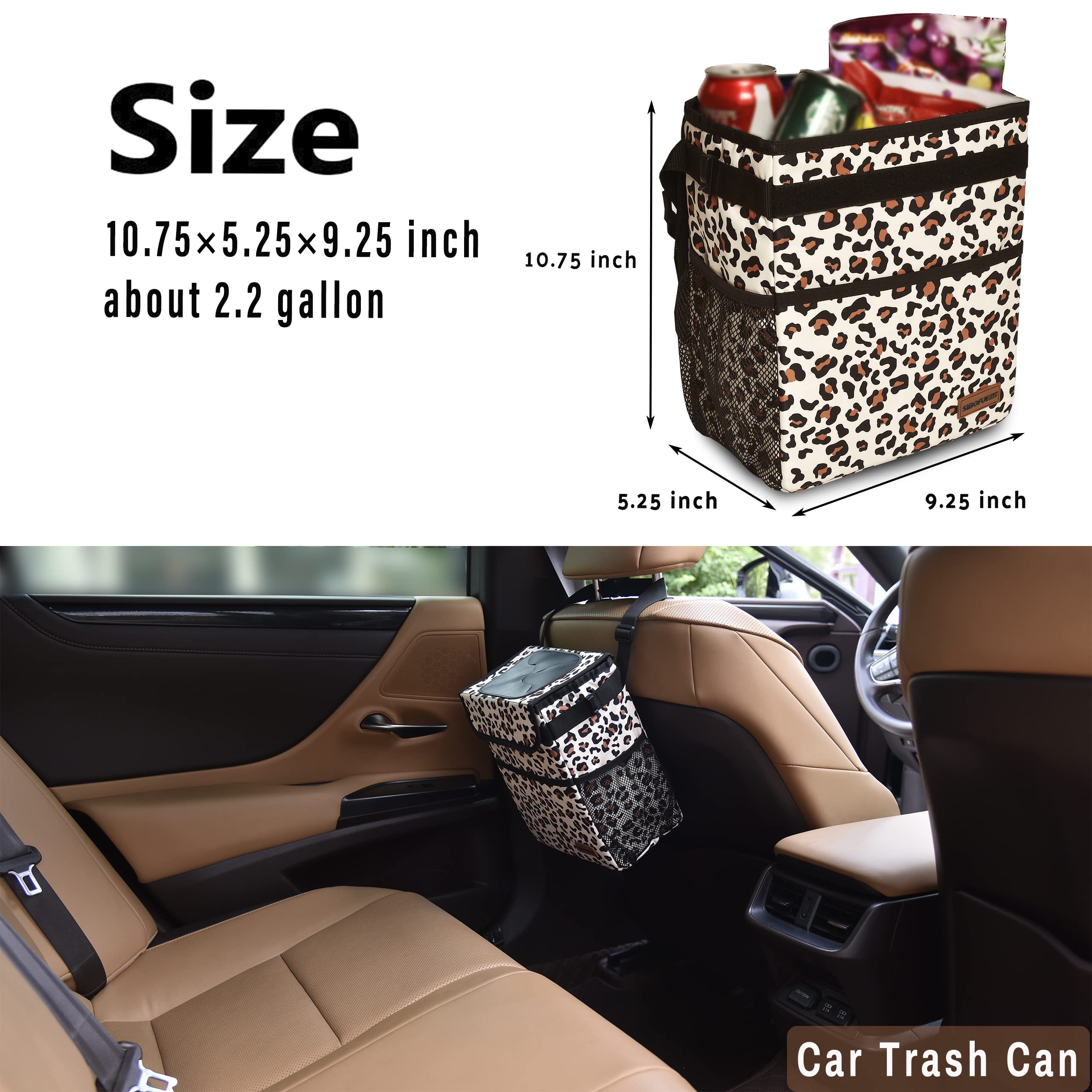 Leopard Print Collapsible Car Trash Can with Lid - 2 Gallon Waterproof & Leak-Proof Vehicle Garbage Bin with Storage Pockets & Adjustable Straps | Perfect for Road Trips, Commuting, and Keeping Your Car Clean