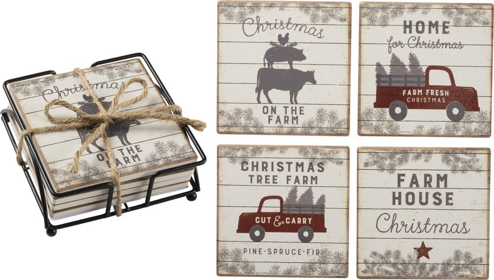 Farmhouse Christmas Coaster Set - Rustic Holiday Drink Coasters for Coffee, Wine, and Dining Table Decor - Perfect for Christmas Parties, Home Decor, and Gift Giving