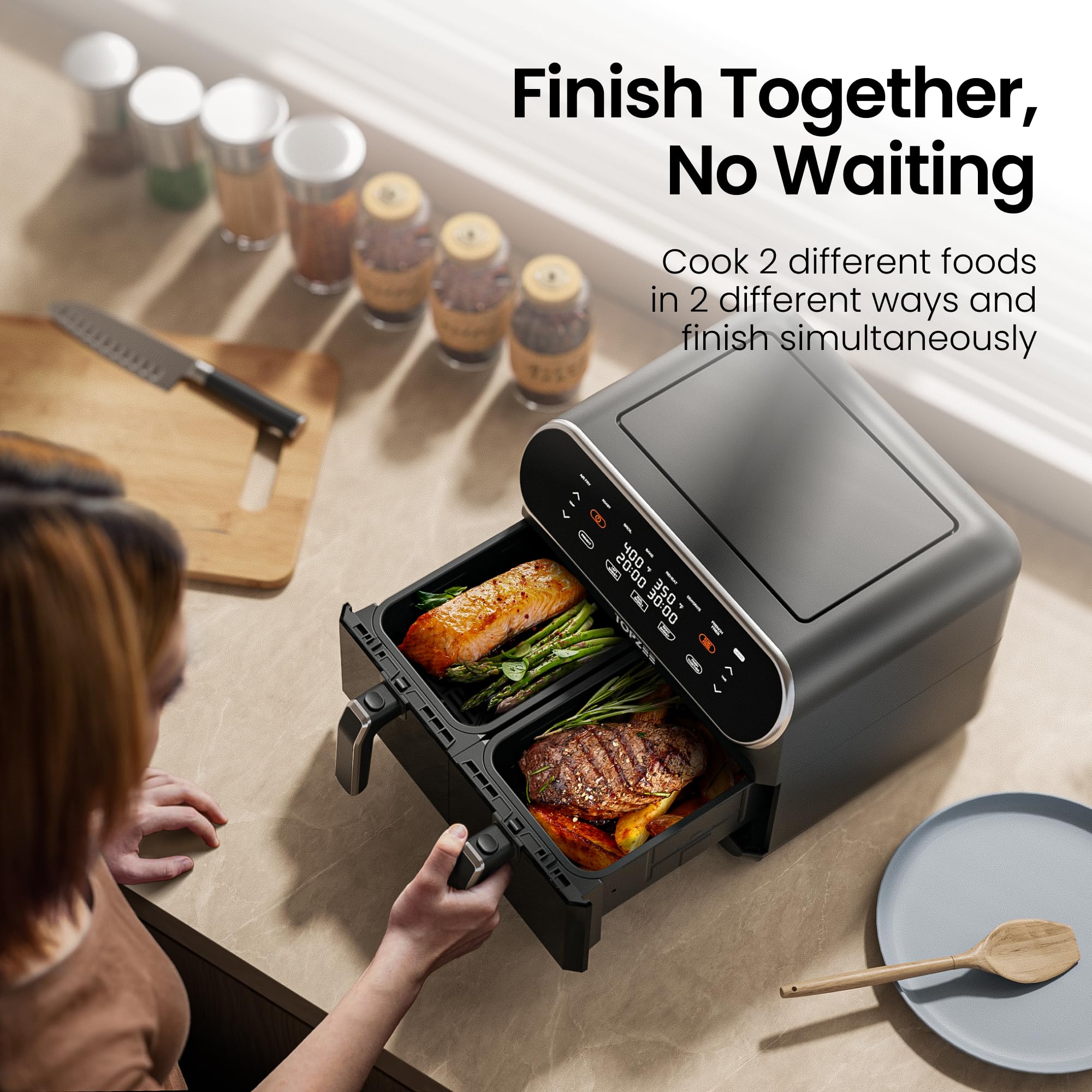 8-QT Large Air Fryer with Dual Basket - Nonstick Dishwasher Safe, Preheat Function for Air Frying, Roasting, Baking & Dehydrating | Easy View Windows & 2 Independent 4 QT Baskets | Perfect for Family Meals, Healthy Cooking & Meal Prep - Black