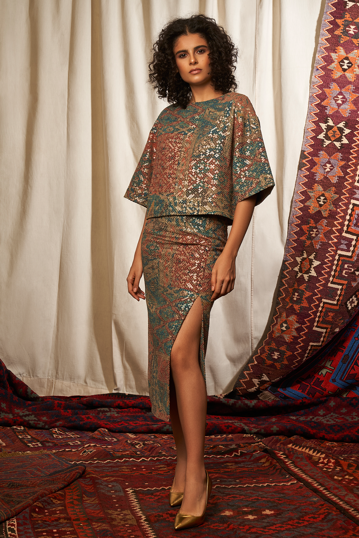 Sparkly Carpet Print Sequin Box Top - Elegant Party Wear for Women | Perfect for Clubbing, Festivals & Special Occasions