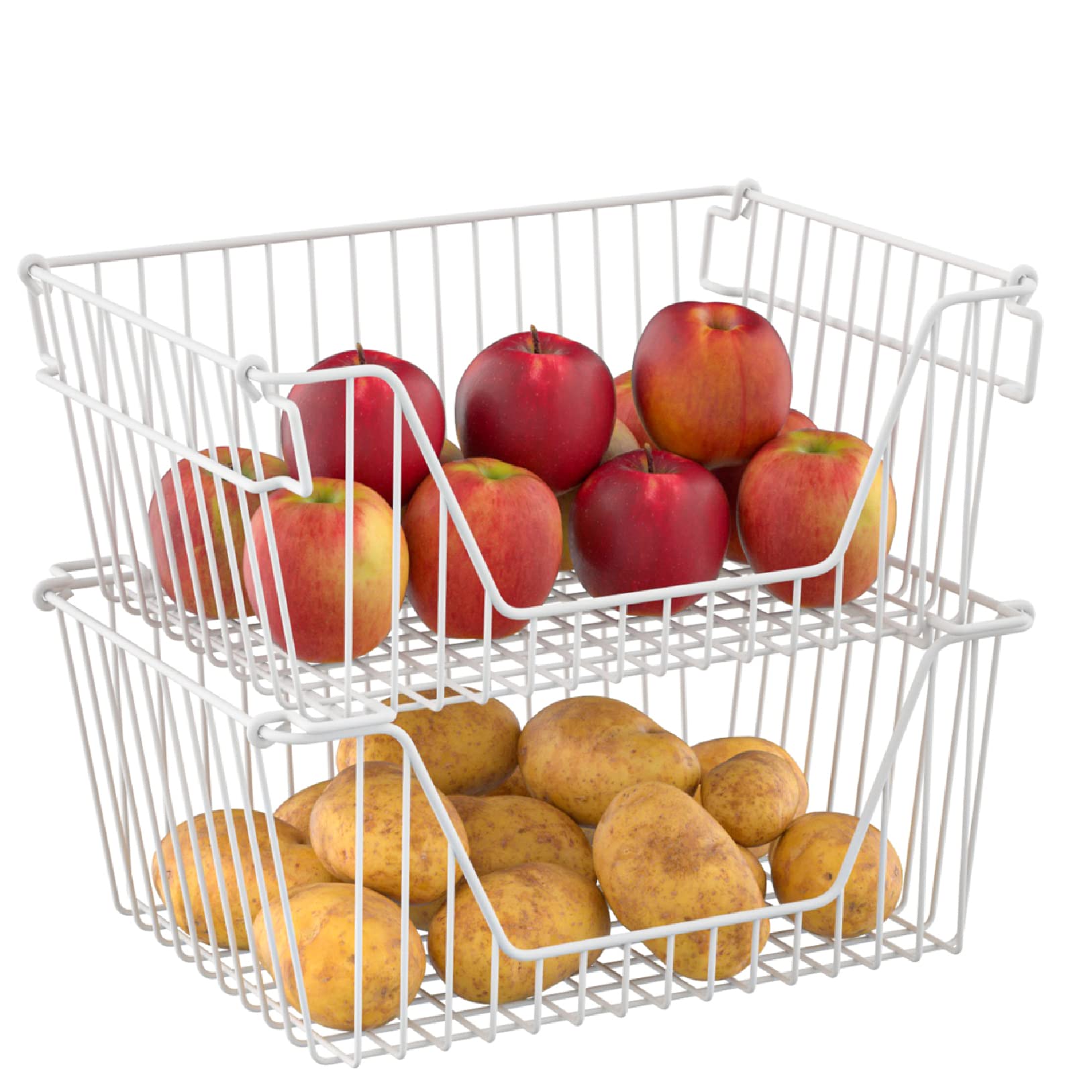 Stackable Metal Wire Baskets for Kitchen & Pantry Organization - Large Capacity Freezer Bins for Fruits, Vegetables & Snacks - Space-Saving Storage Solution for Cabinets & Shelves - White Set of 4 - Perfect for Home, Office & Restaurant Use
