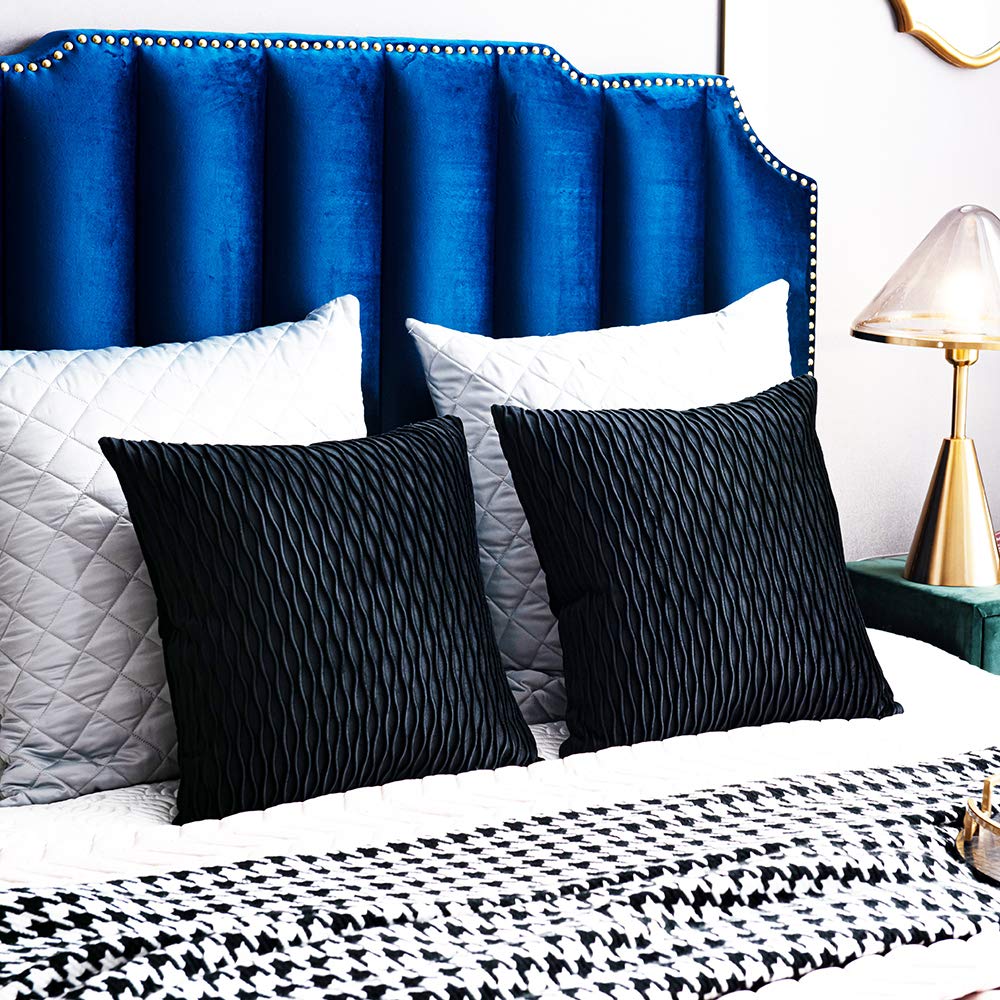 DEZENE Black Striped Velvet Pillow Covers - 2 Pack 20x20 Inch Square Throw Pillow Cases for Sofa, Couch, Bed - Farmhouse & Boho Home Decor for Living Room, Bedroom