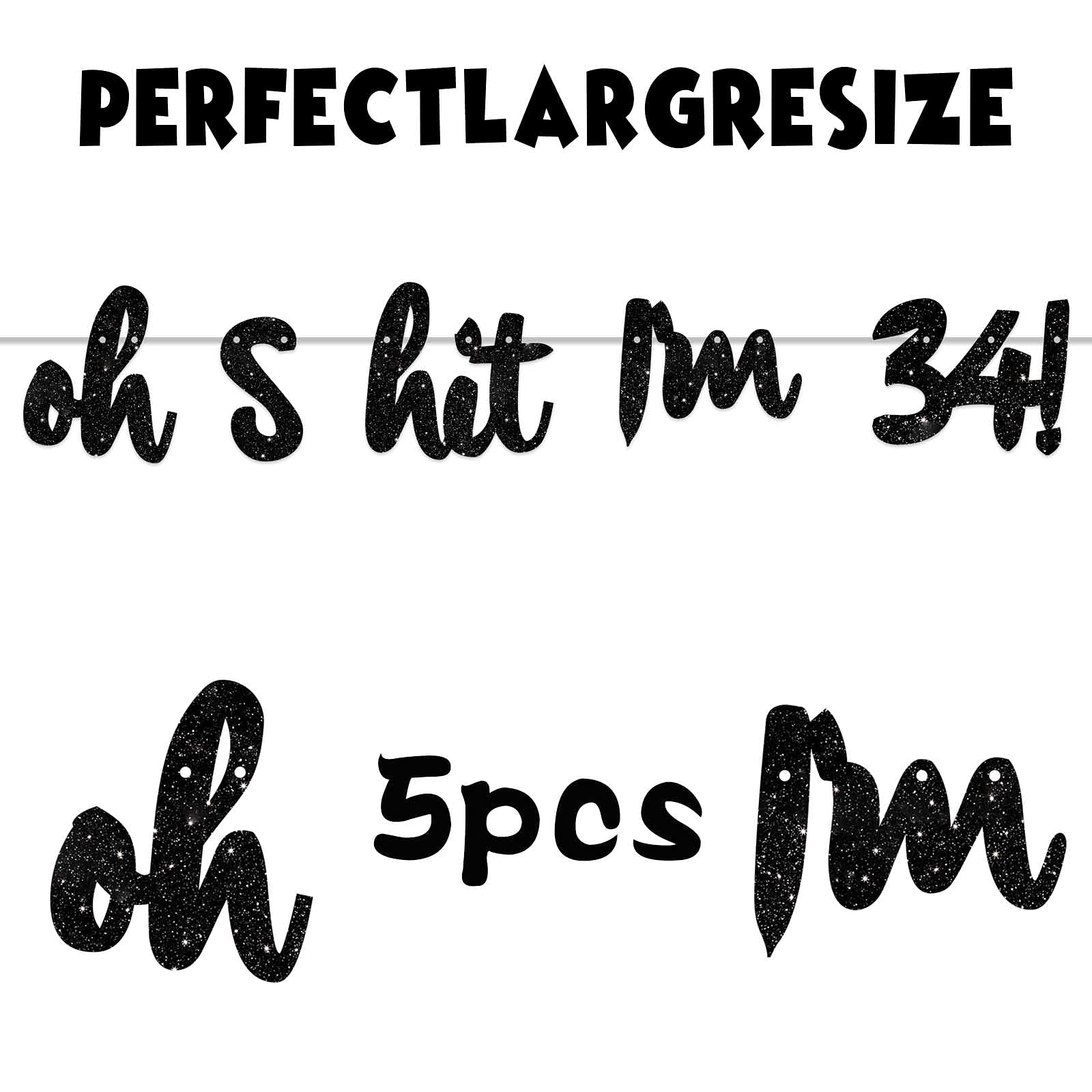 Black Glitter 'Oh I'm 34!' Birthday Banner Backdrop - Happy 34th Birthday Party Decor for Men & Women - Photo Studio Props, Flags & Party Supplies - Perfect for 34th Birthday Celebrations, Photo Booths & Milestone Decorations