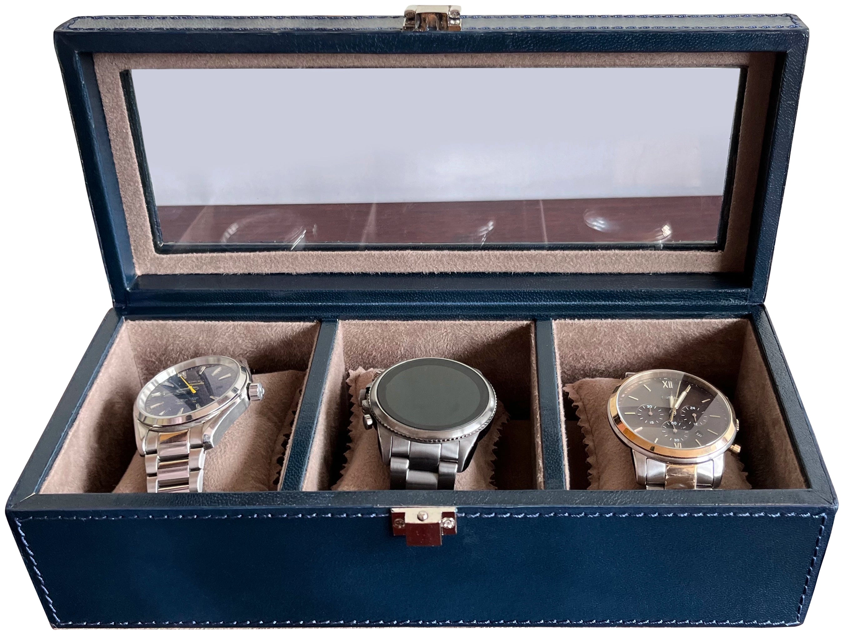 Premium Genuine Leather Watch Case with 3 Slots - Blue | Luxury Watch Storage & Travel Organizer for Men & Women | Perfect for Home, Office & Travel Accessories
