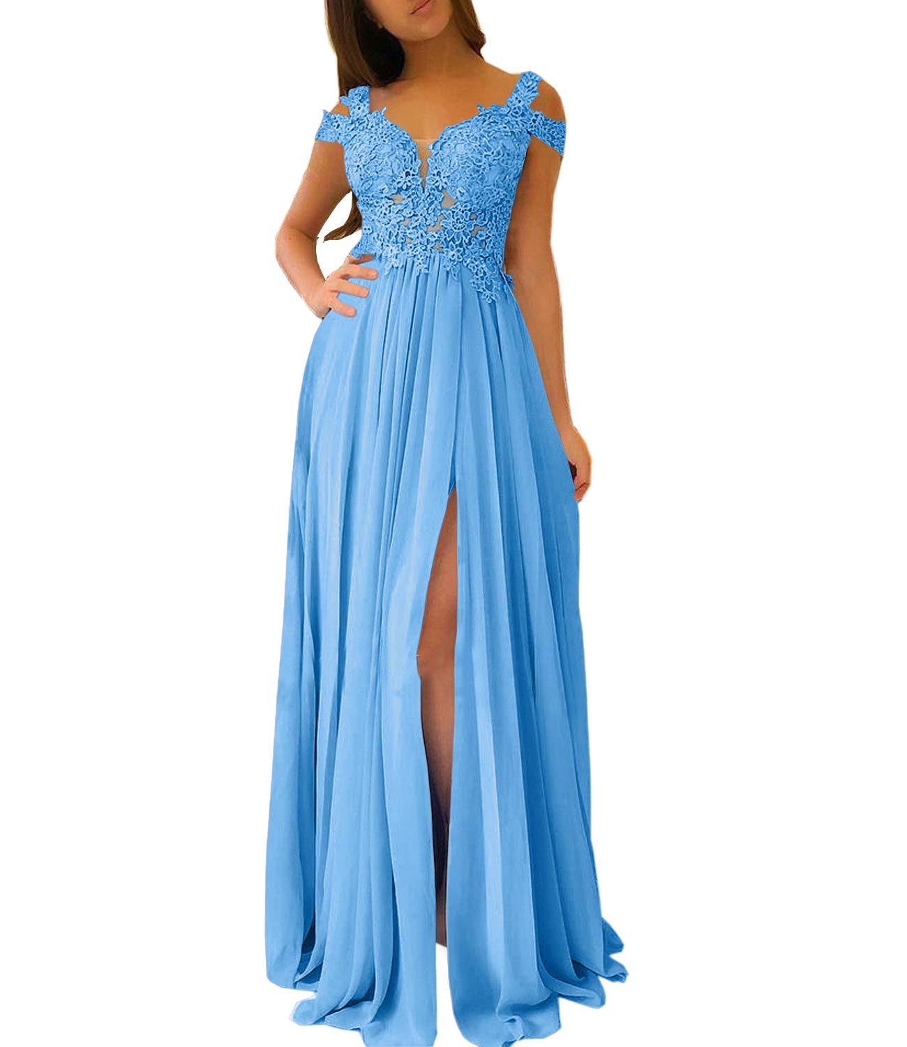 Elegant Women's Lace Appliqued Evening Gown with Side Split - A-line Prom Dress for Formal Events, Parties & Weddings
