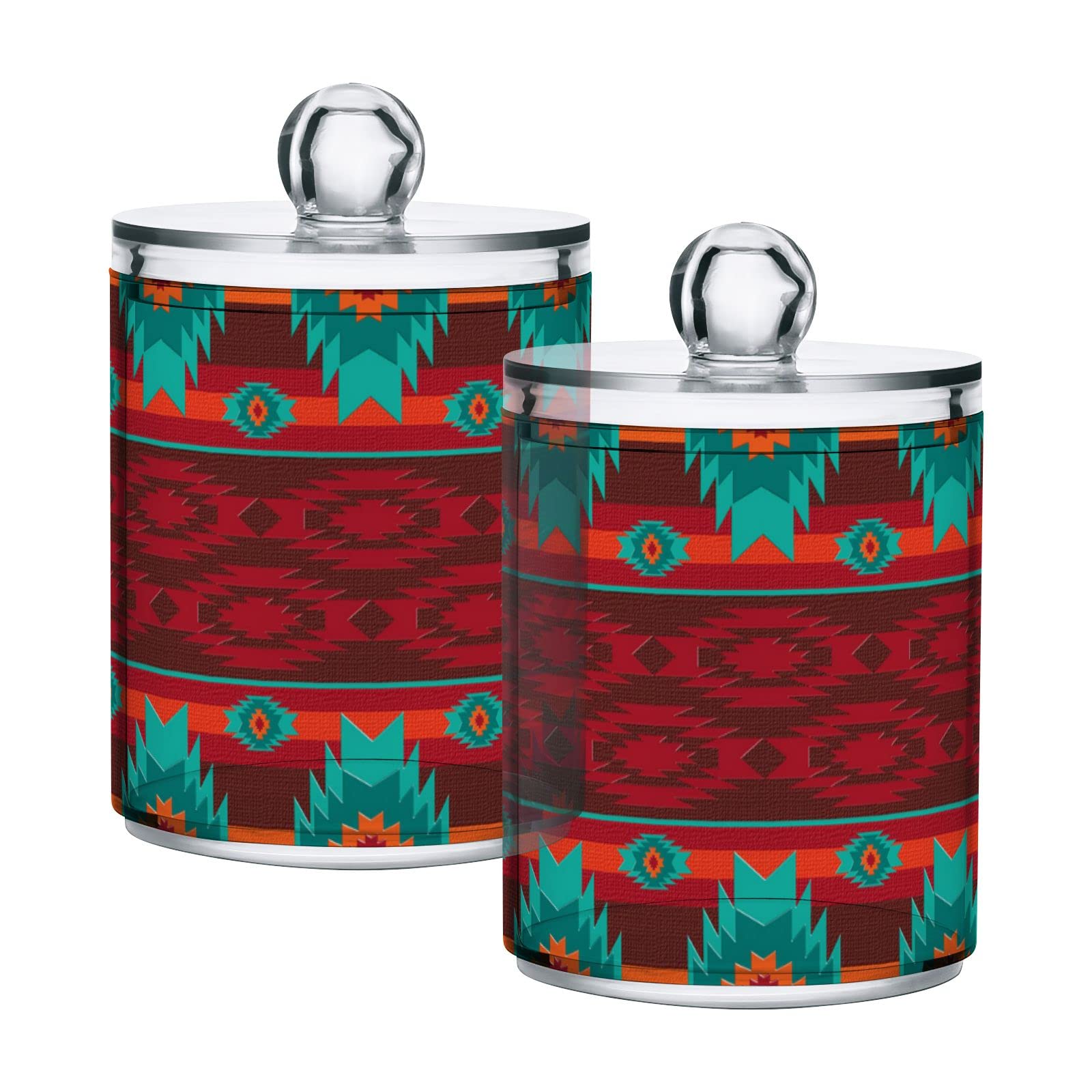 Tribal Aztec Pattern Plastic Storage Jars with Lids - Set of 2 Translucent 10 oz Food Containers for Cotton Swabs, Tea, Cookies | Airtight Canning Jars for Kitchen Pantry Organization & Bathroom Storage
