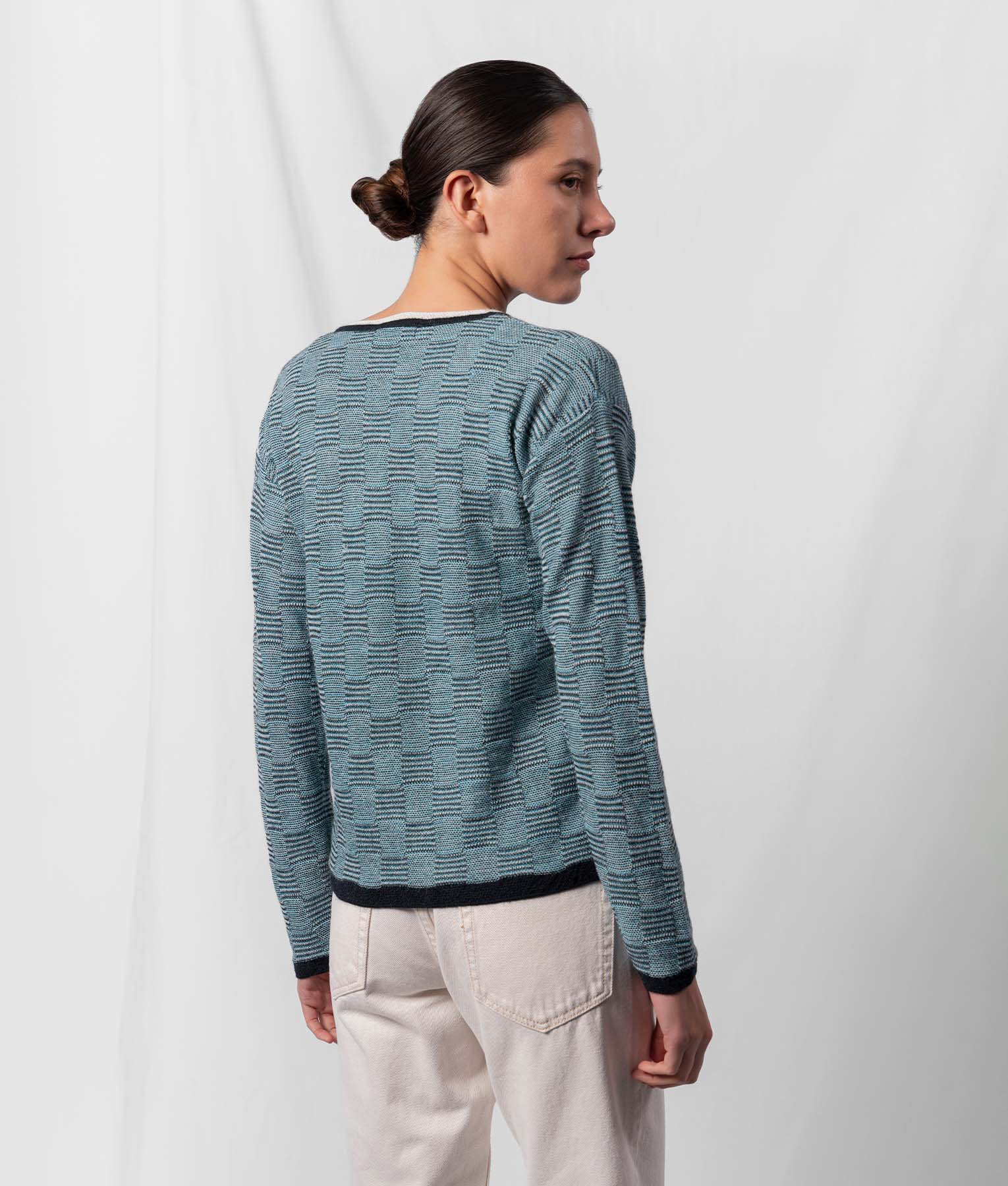 High & Low O-Neck Stitched Sweater in Teal Blue & Black | Women's Casual Knit Pullover for Fall & Winter | Perfect for Office, Dates & Cozy Evenings