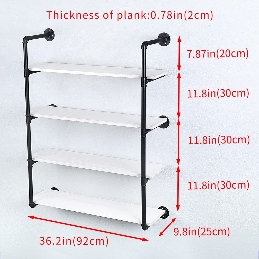 Industrial Pipe Shelving Wall Mounted - 36in Rustic Metal Floating Shelves with Real Wood - Steampunk Style Bookshelf for Farmhouse, Kitchen & Bar (4-Tier) - Perfect for Home Office, Living Room & Bedroom Storage