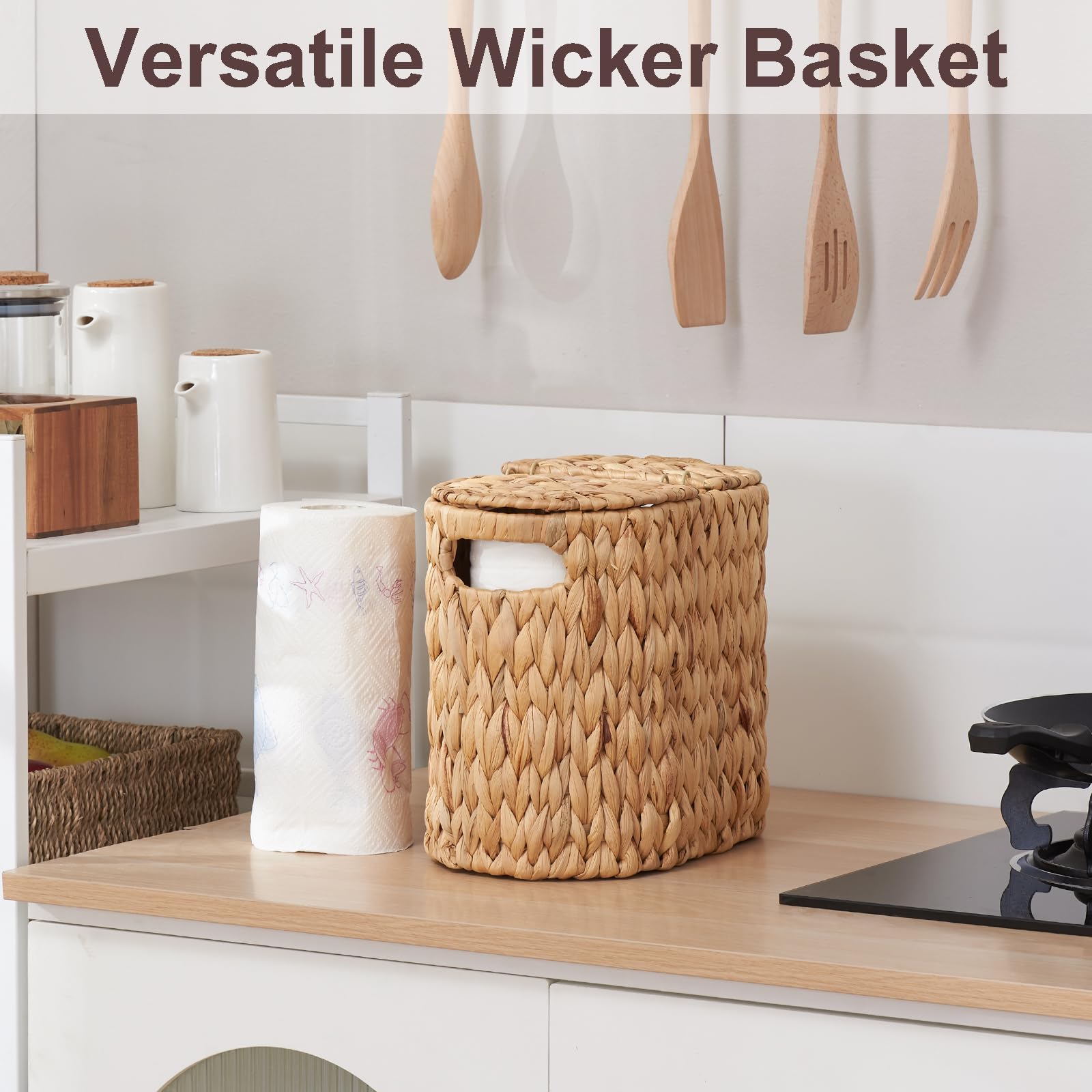 FairyHaus Natural Water Hyacinth Woven Toilet Paper Storage Basket with Lid & Handles - Holds 4 Rolls - Bathroom Organizer for Toilet Paper Holder, Tissue Storage - Perfect for Bathroom, Powder Room or Guest Bath Decor