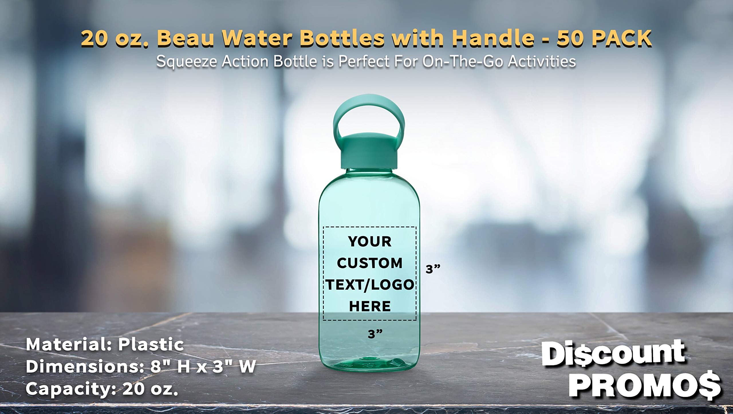 50 Pack Customizable 20 oz Plastic Water Bottles with Handle - Flexi-Grip Design, Bulk Drinkware for Schools, Gyms & Events - Mint Green (Text/Logo Printing Available)