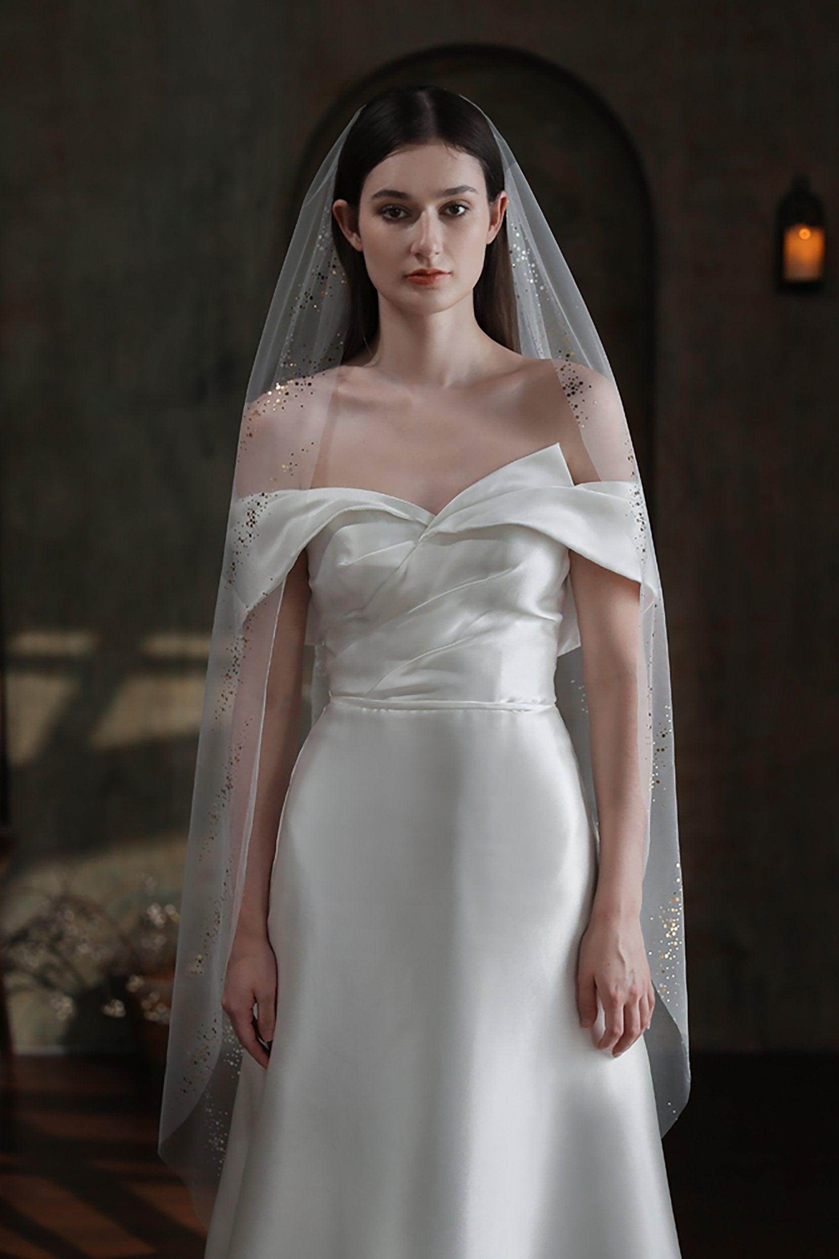 Elegant One-Tier Cut Edge Tulle Tea Length Wedding Veil with Sequin Embellishments CV0315 - Perfect for Bridal Showers, Garden Weddings & Vintage-Themed Ceremonies