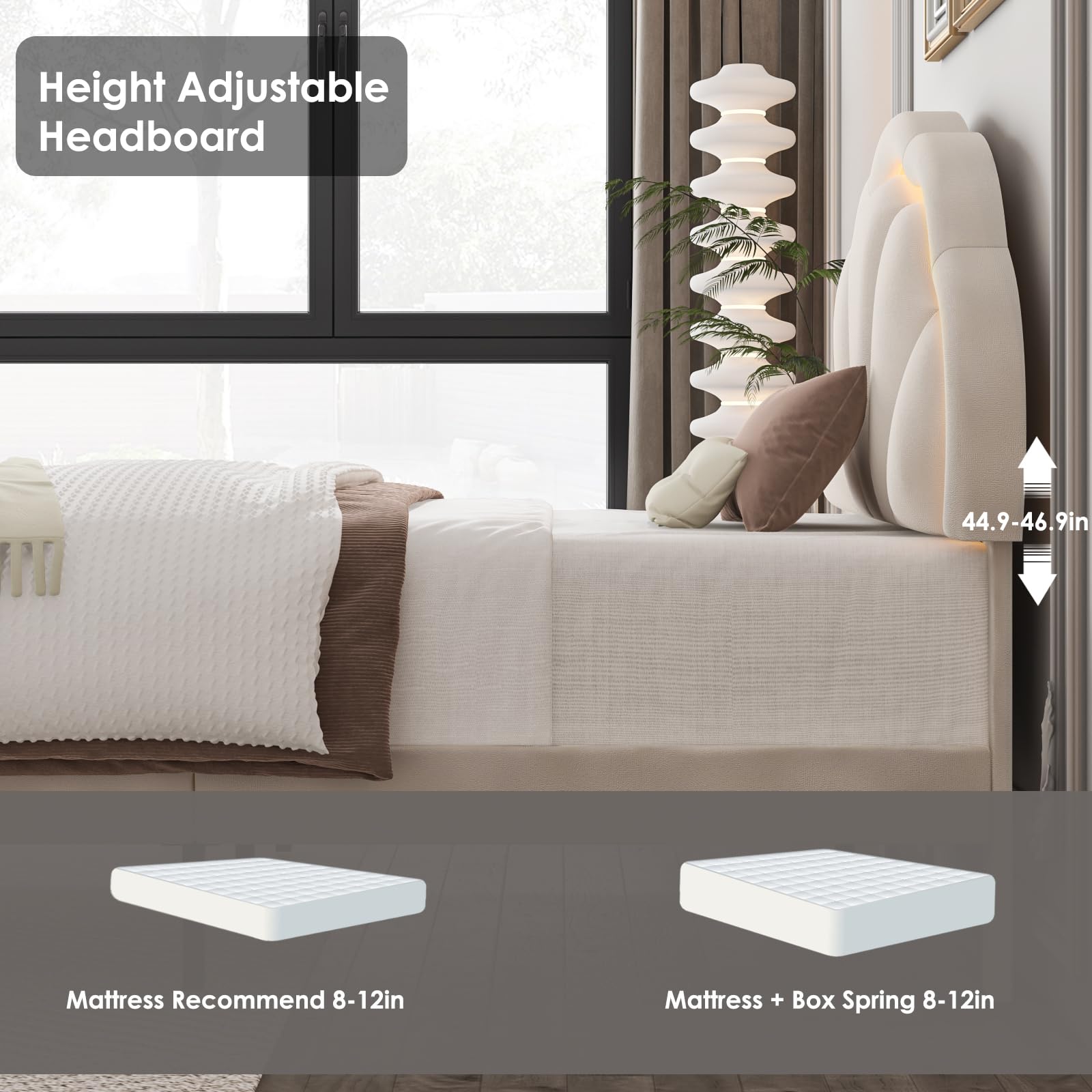 HIFIT Twin Upholstered Smart LED Bed Frame with Adjustable Chic Petal Headboard - Princess Twin Size Platform Bed for Kids & Girls - Wooden Slats Support - No Box Spring Needed - Easy Assembly - Beige - Perfect for Bedrooms, Dorm Rooms & Kids' Rooms