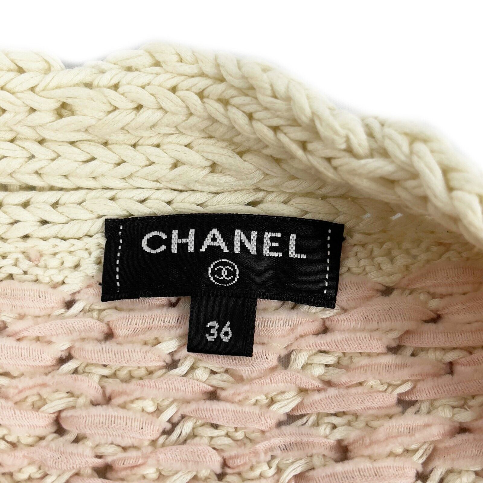 CHANEL 18P Cotton Blend Woven Knit Sweater in Pastel Pink & Ecru - Size 36 US 4 | Women's Luxury Cashmere Cardigan for Fall & Winter Fashion