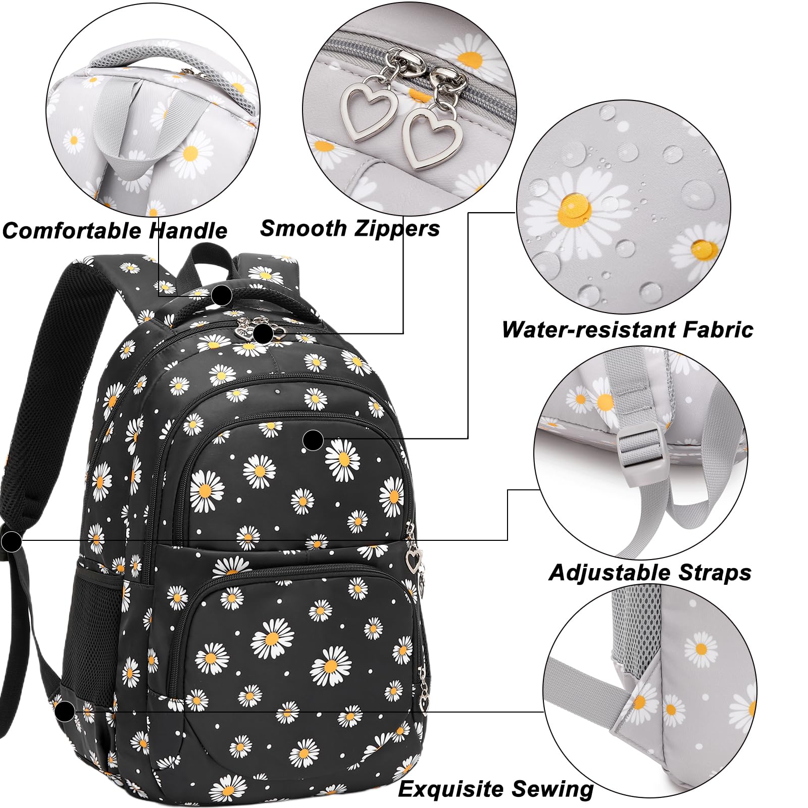 **Cute Daisy Print Girls Backpack for School - Lightweight Elementary Bookbag with Lunch Box & Pencil Case - Perfect for Kindergarten, Primary School & Travel**