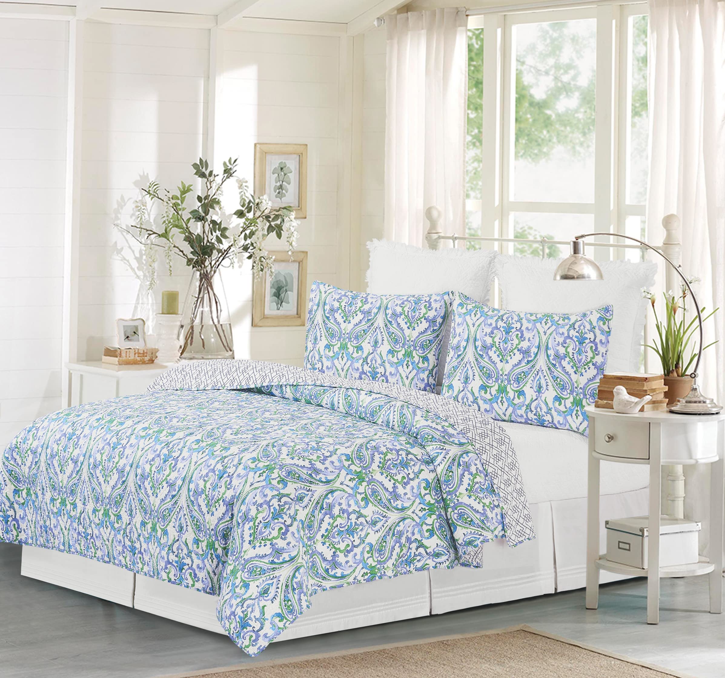 C&F Home Juliet Twin 2-Piece Reversible Coverlet Quilt Set - Blue Green White Paisley Pattern & Blue White Trellis Design - Includes 1 Standard Sham | Perfect for Kids' Rooms, Guest Bedrooms & Dorm Decor